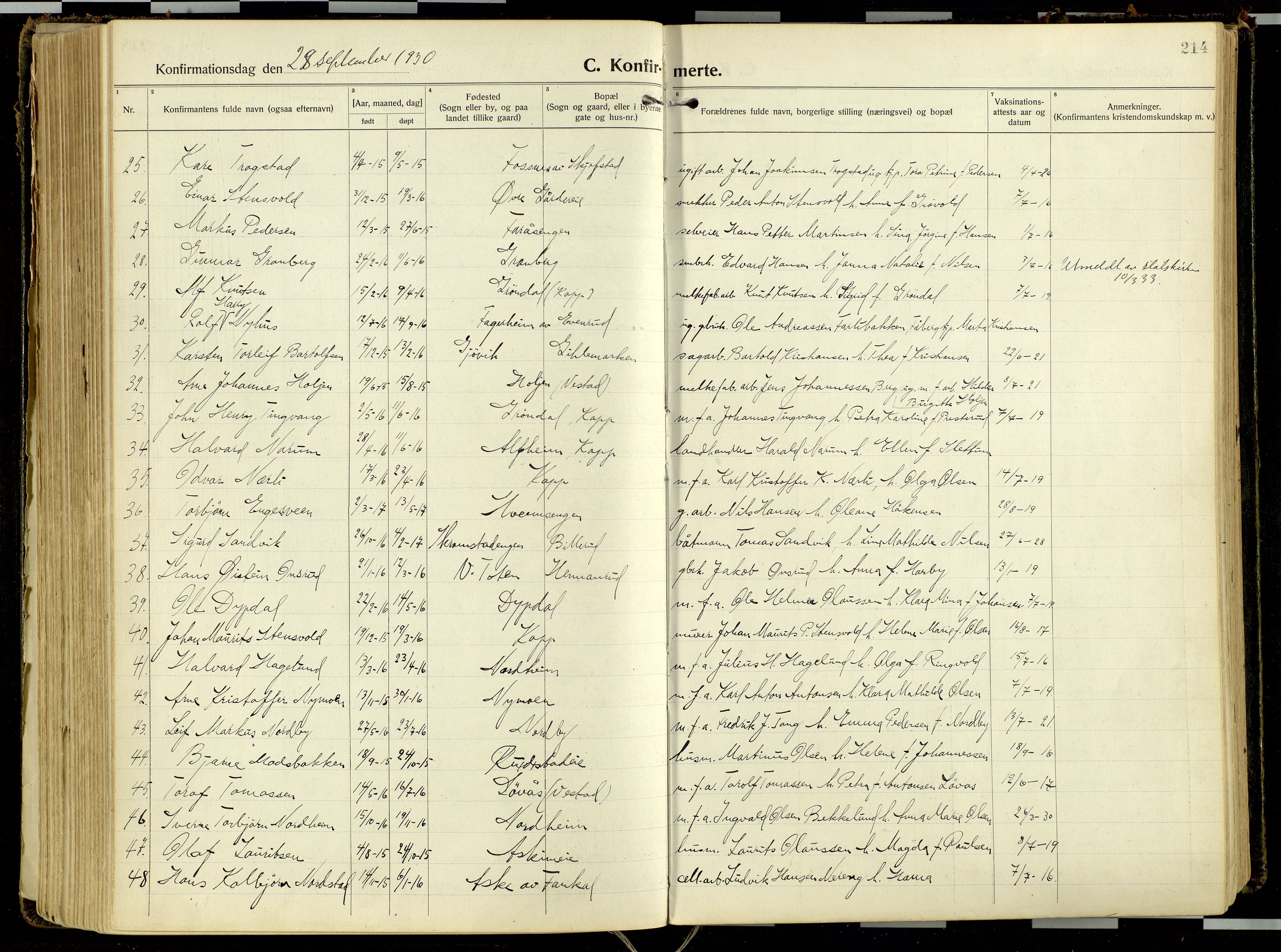 Østre Toten prestekontor, AV/SAH-PREST-104/H/Ha/Haa/L0011: Ministerialbok nr. 11, 1921-1935, s. 214