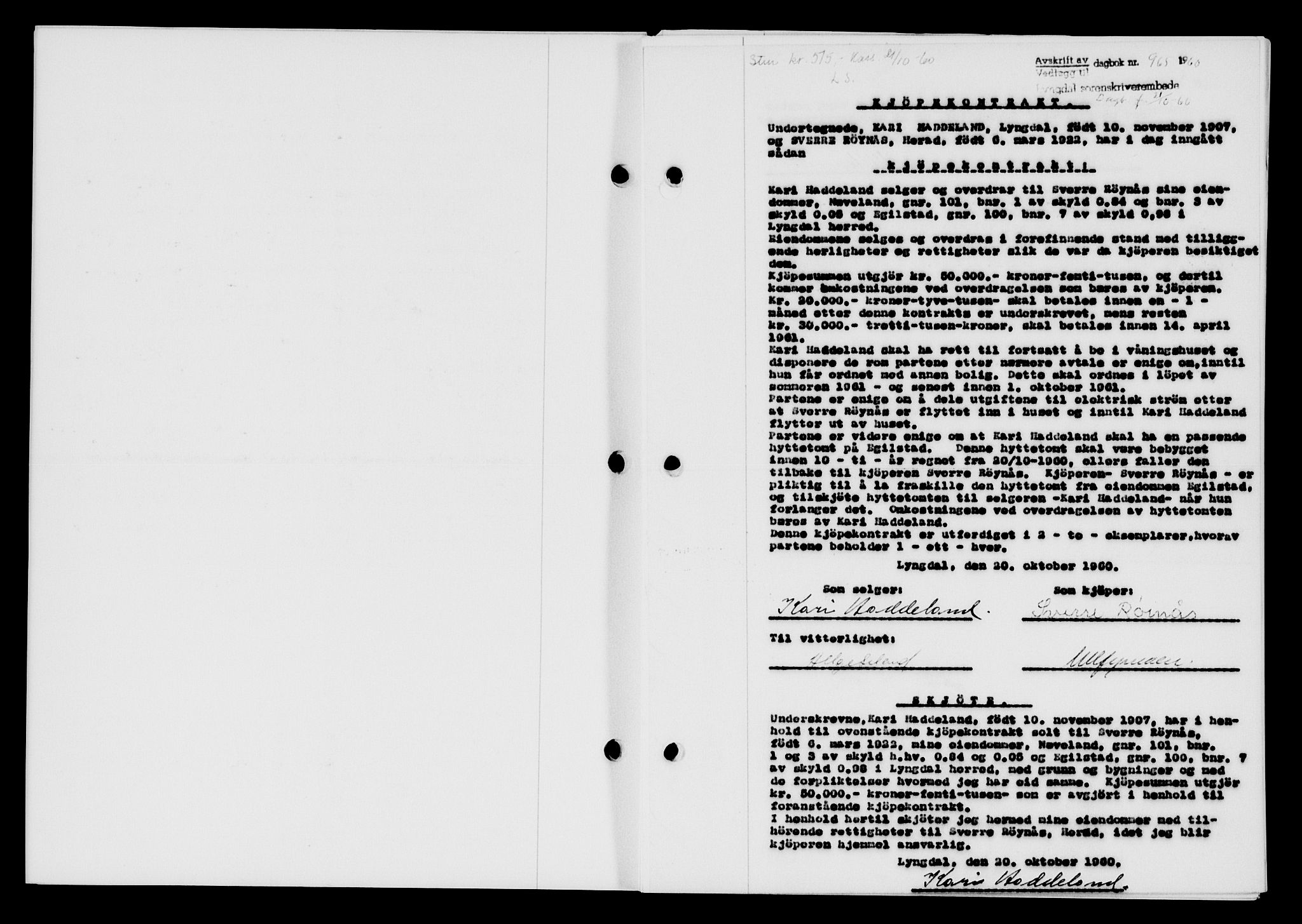 Lyngdal sorenskriveri, AV/SAK-1221-0004/G/Gb/L0680: Pantebok nr. A XXVI, 1960-1960, Dagboknr: 965/1960