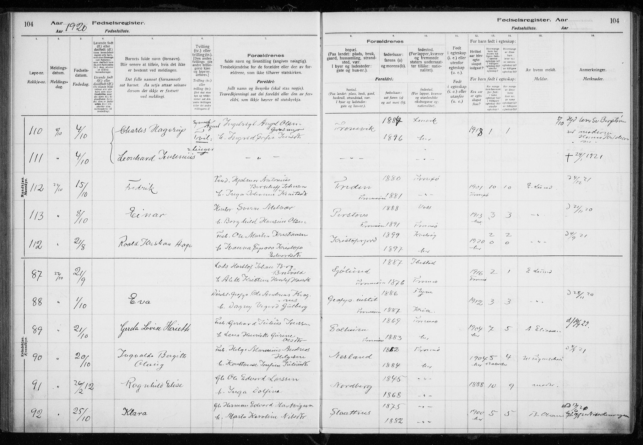 Tromsøysund sokneprestkontor, AV/SATØ-S-1304/H/Ha/L0079: Fødselsregister nr. 79, 1916-1924, s. 104