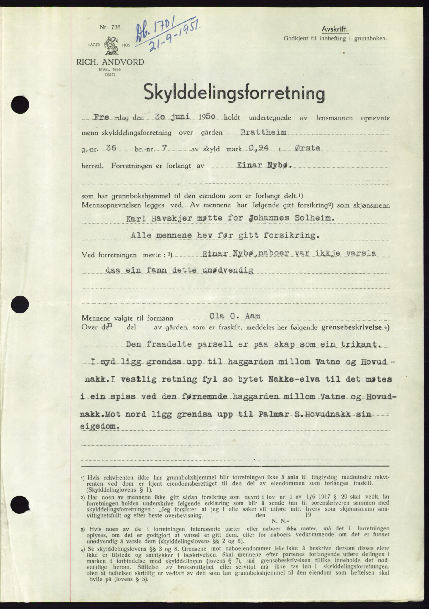 Søre Sunnmøre sorenskriveri, SAT/A-4122/1/2/2C/L0089: Pantebok nr. 15A, 1951-1951, Dagboknr: 1701/1951
