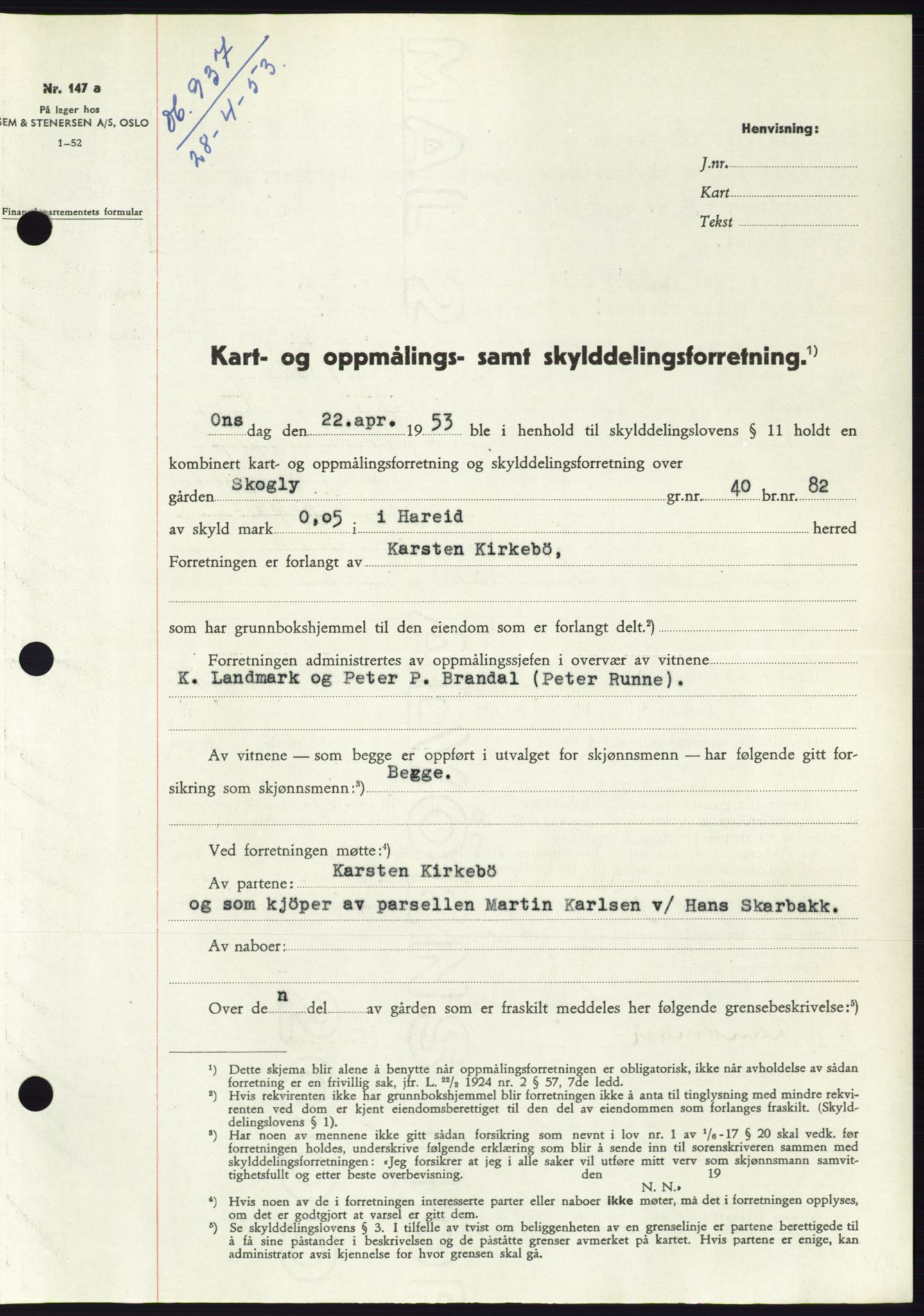 Søre Sunnmøre sorenskriveri, SAT/A-4122/1/2/2C/L0094: Pantebok nr. 20A, 1953-1953, Dagboknr: 937/1953