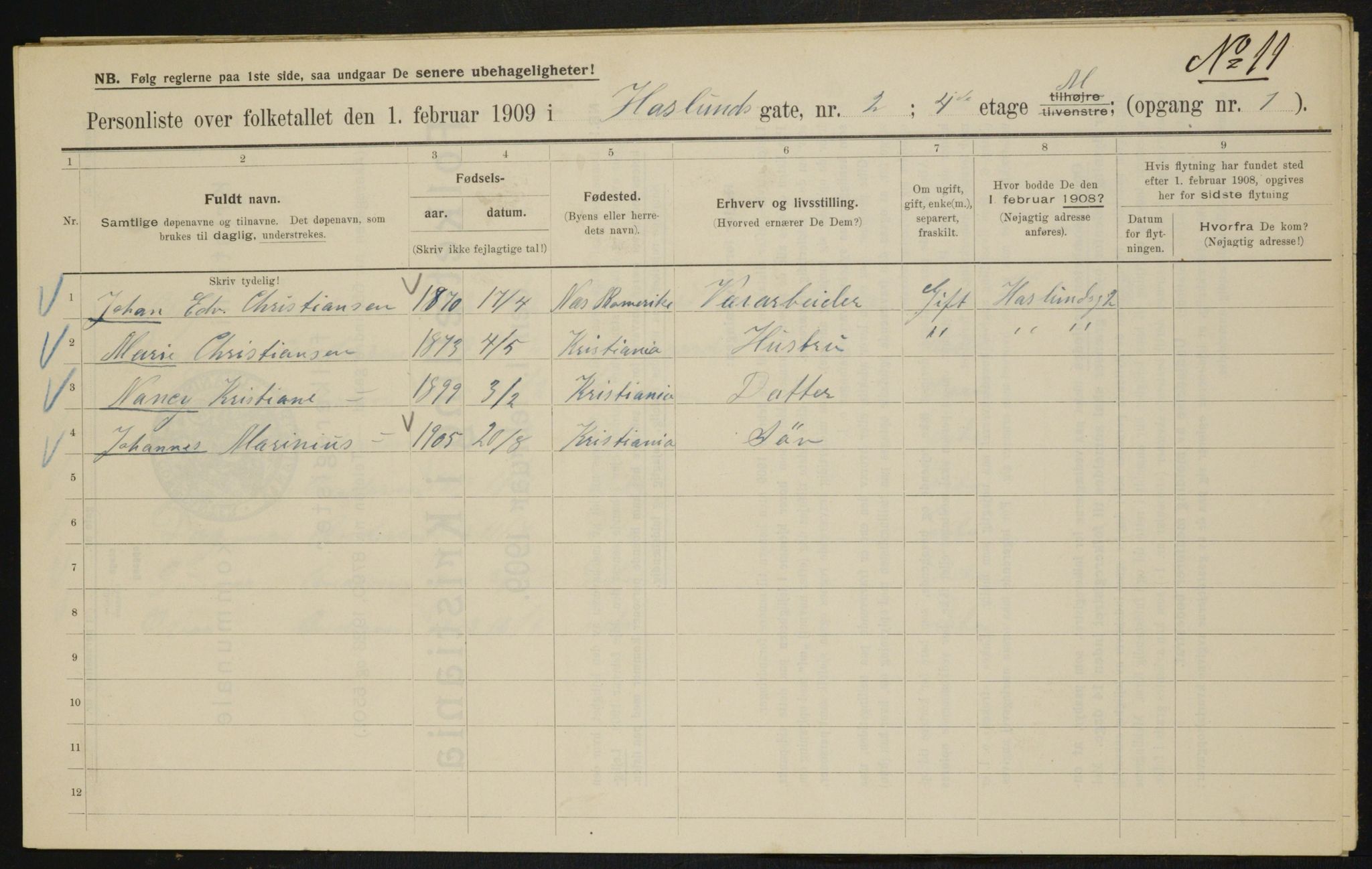 OBA, Kommunal folketelling 1.2.1909 for Kristiania kjøpstad, 1909, s. 24225