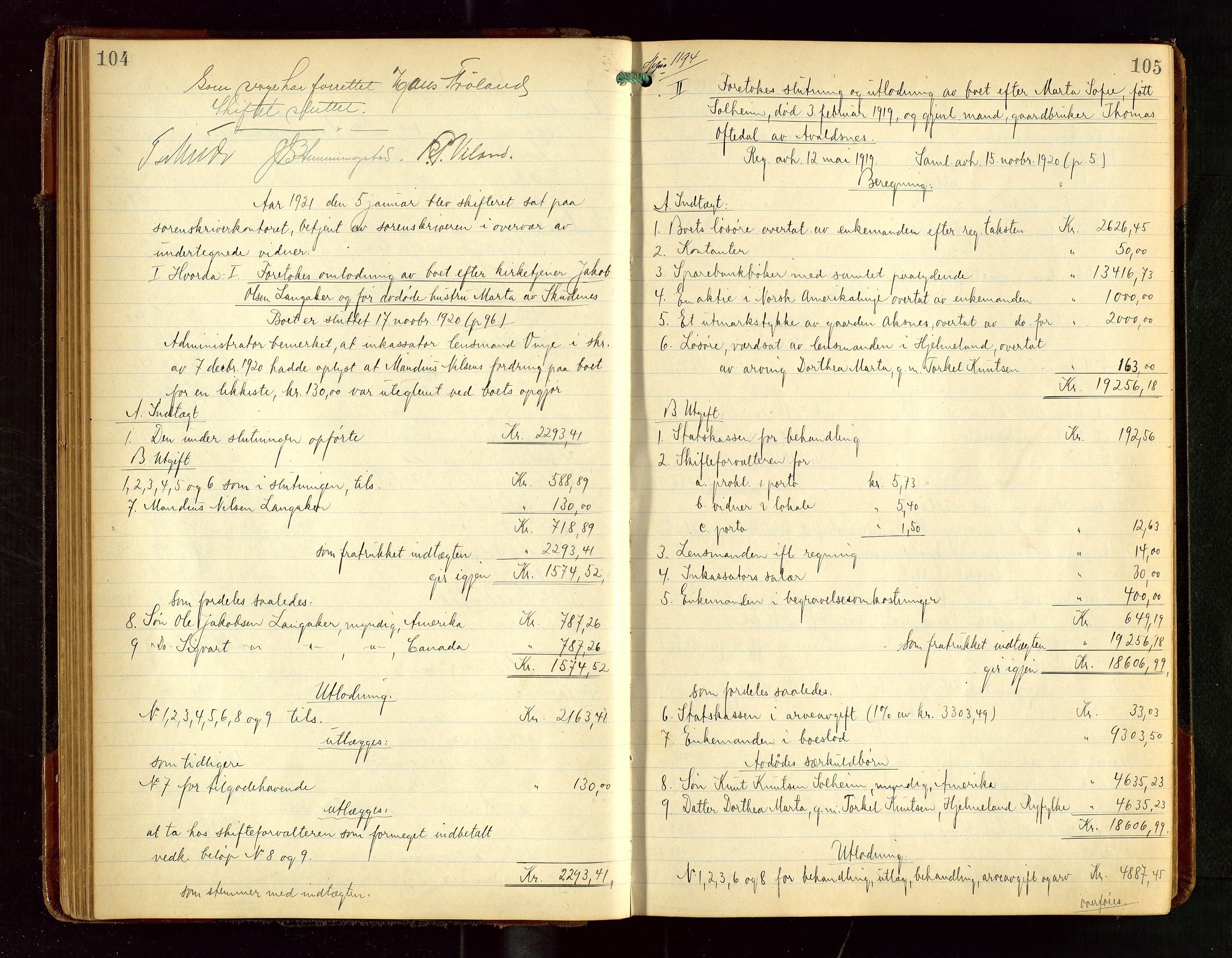Karmsund sorenskriveri, SAST/A-100311/01/IV/IVGB/L0003: SKIFTEUTLODNINGSPROTOKOLL, 1919-1925, s. 104-105