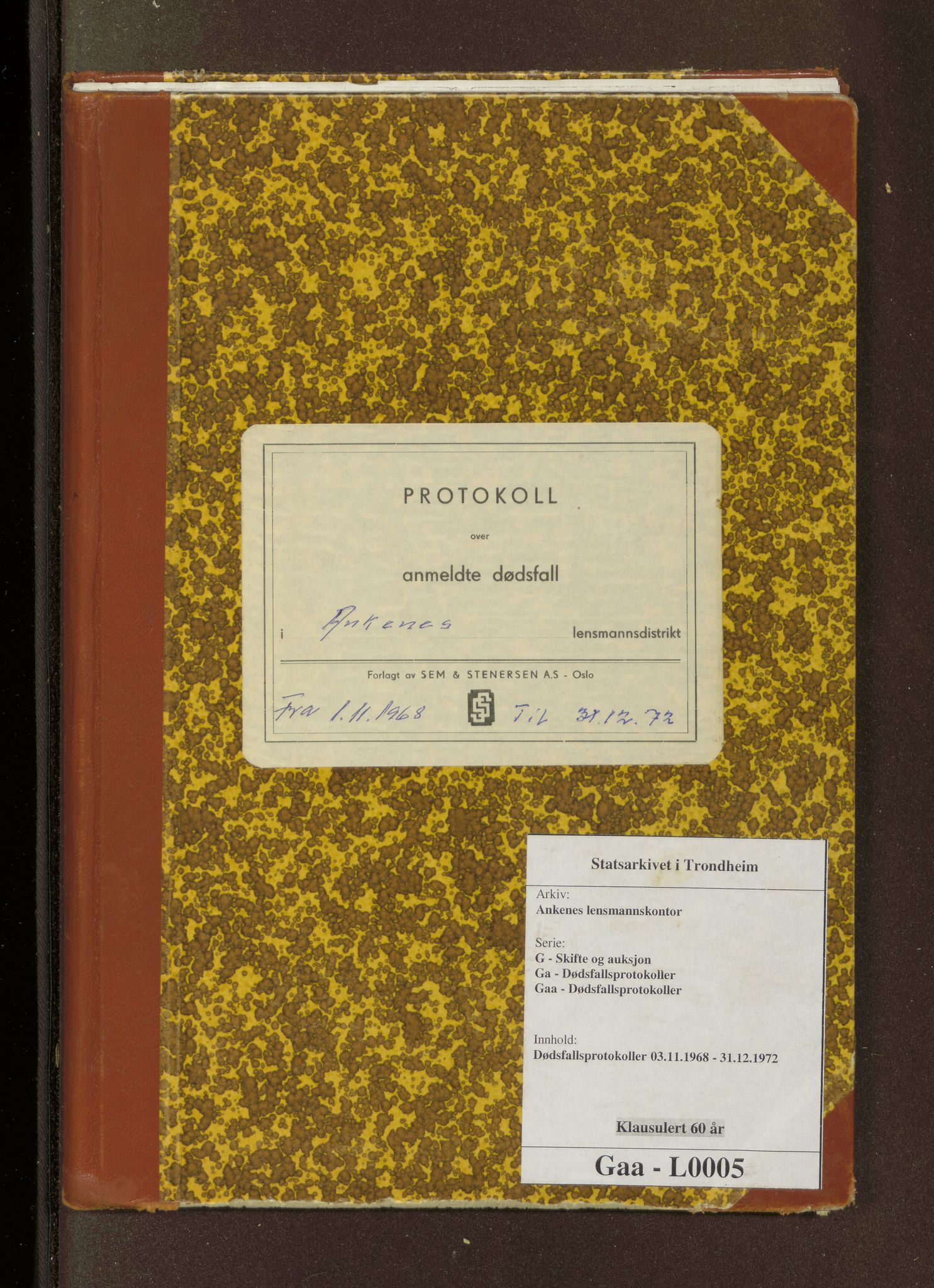 Ankenes lensmannskontor, AV/SAT-A-4498/G/Ga/Gaa/L0005: Dødsfallsprotokoller, 1968-1972