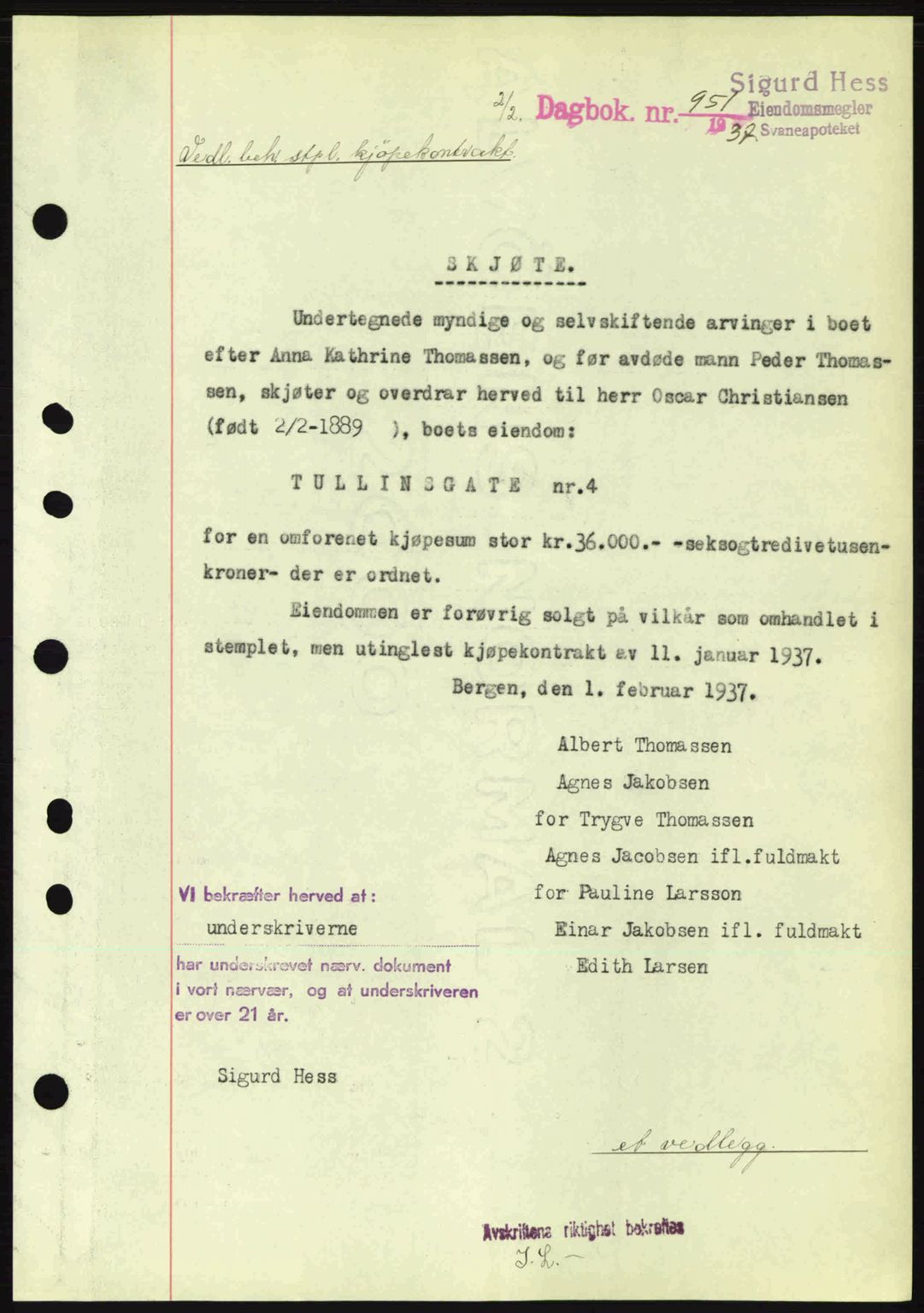 Byfogd og Byskriver i Bergen, SAB/A-3401/03/03Bc/L0004: Pantebok nr. A3-4, 1936-1937, Dagboknr: 951/1937