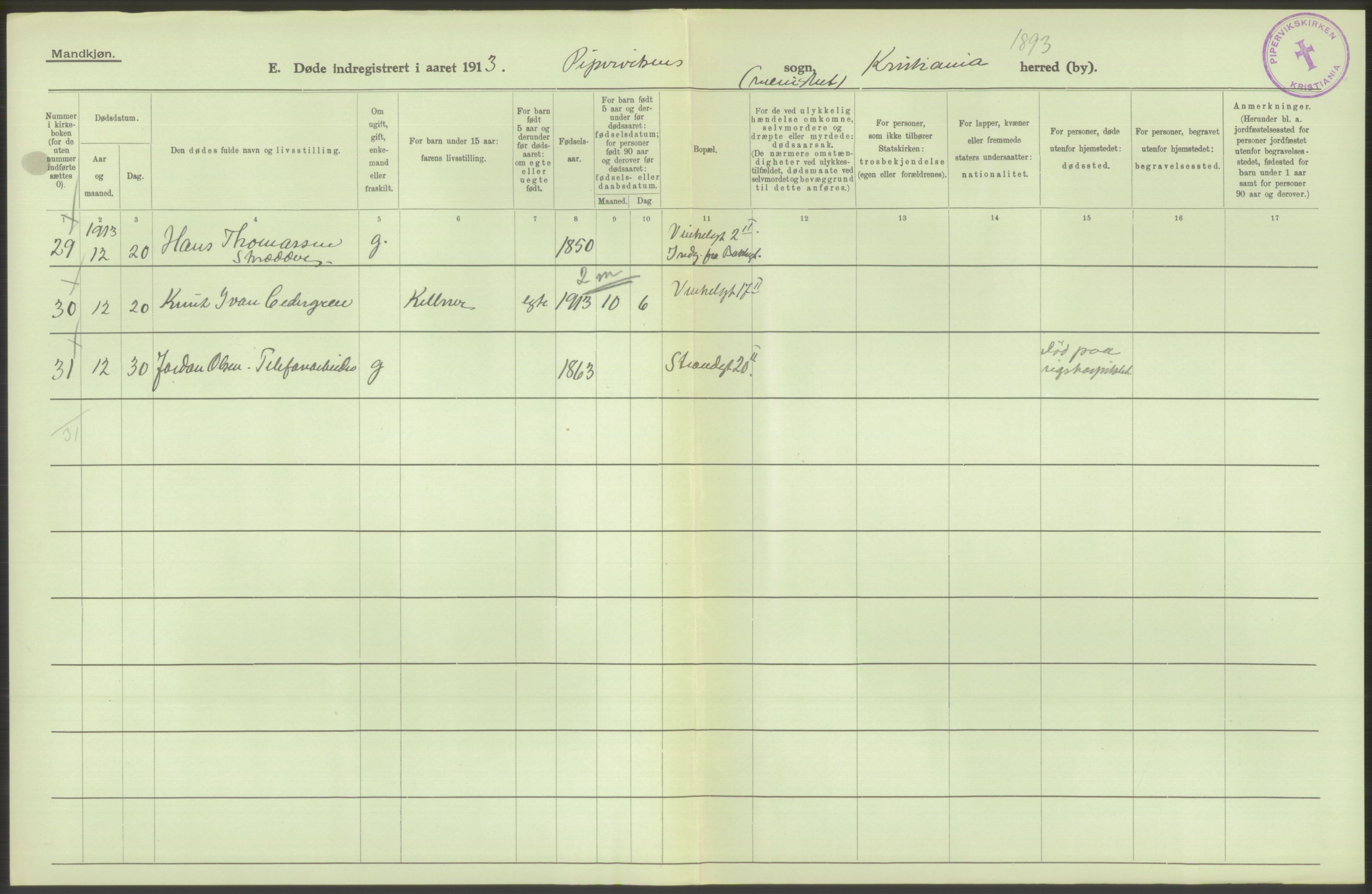 Statistisk sentralbyrå, Sosiodemografiske emner, Befolkning, RA/S-2228/D/Df/Dfb/Dfbc/L0010: Kristiania: Døde, dødfødte., 1913, s. 420