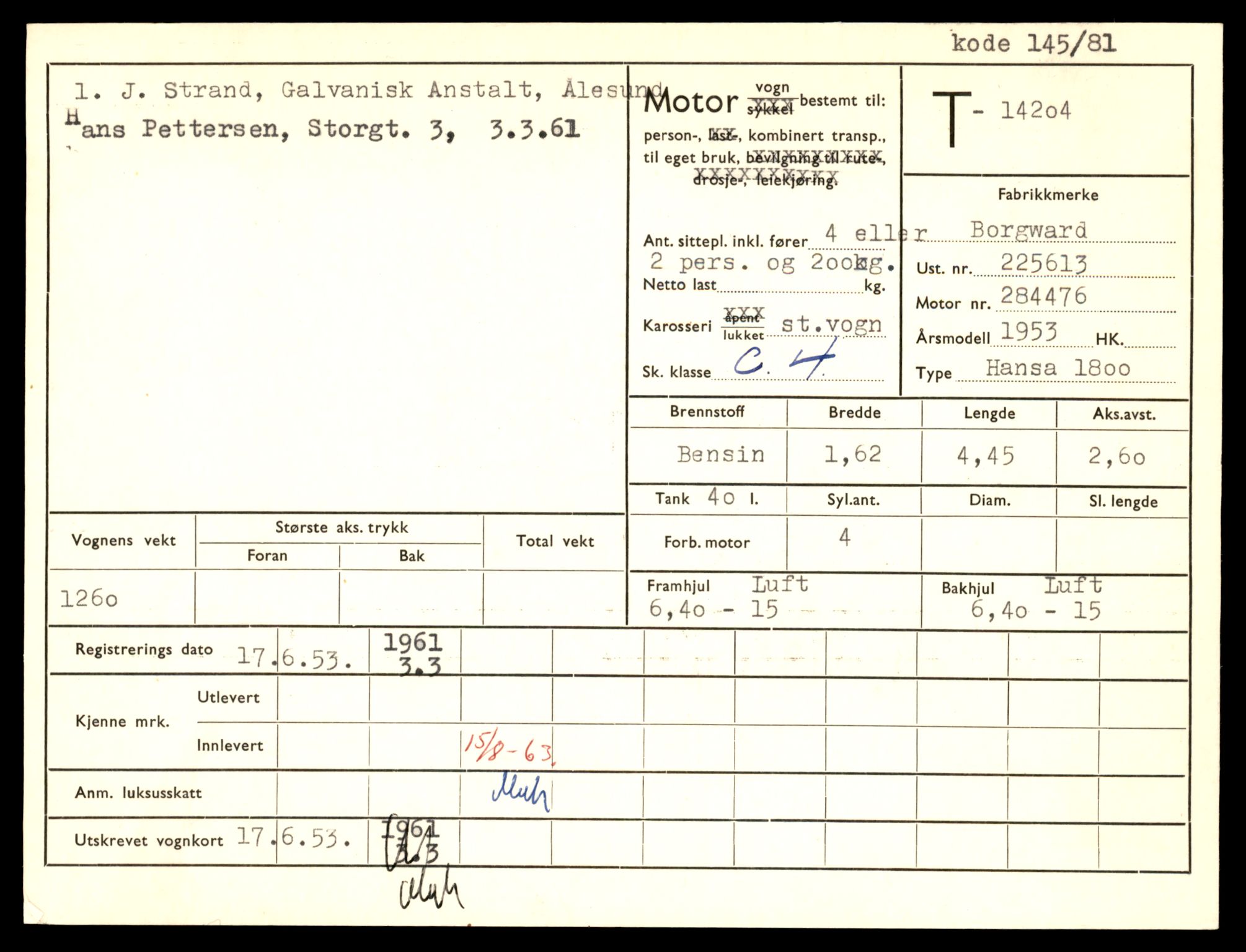 Møre og Romsdal vegkontor - Ålesund trafikkstasjon, AV/SAT-A-4099/F/Fe/L0043: Registreringskort for kjøretøy T 14080 - T 14204, 1927-1998, s. 3317
