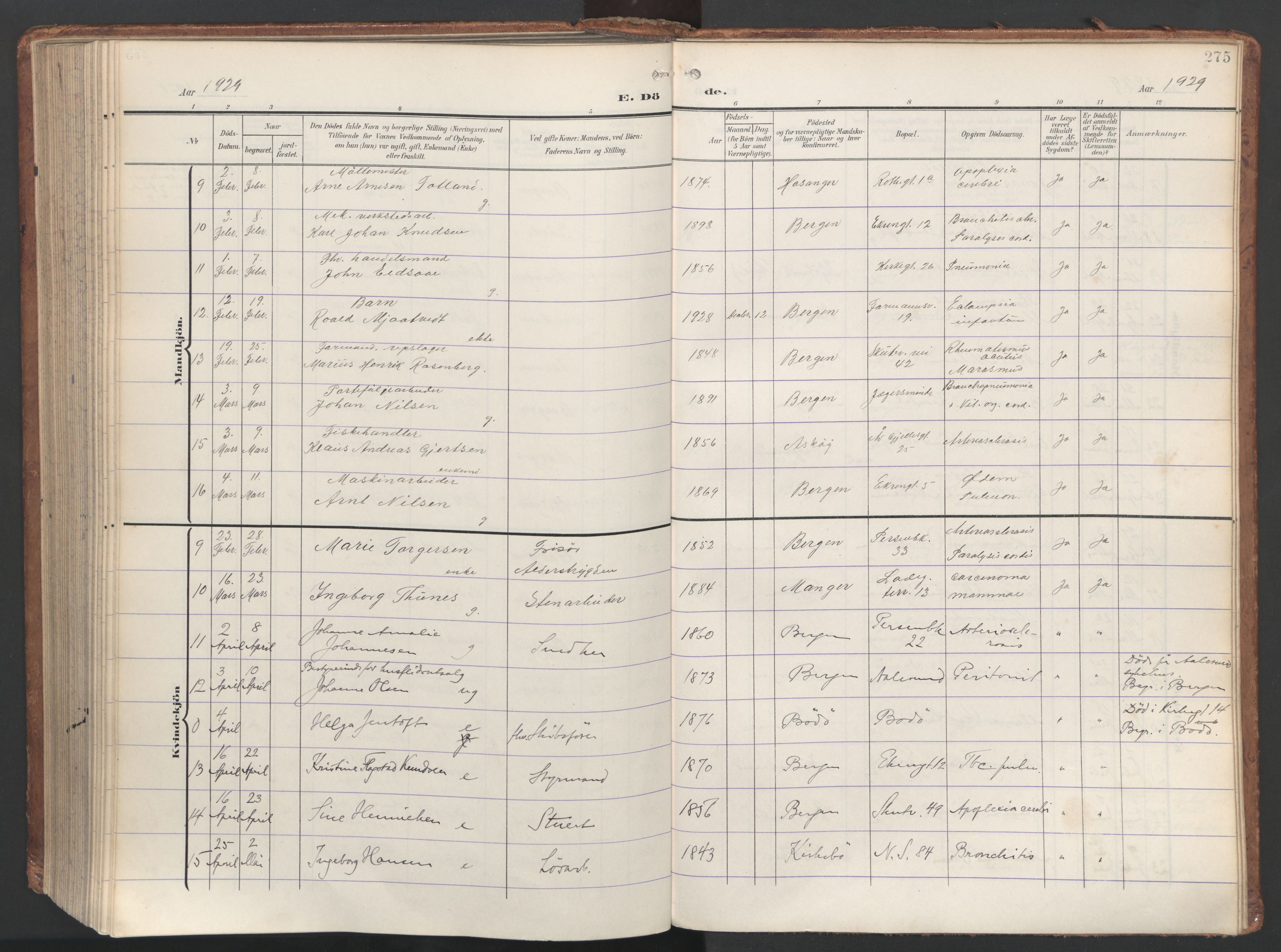 Sandviken Sokneprestembete, AV/SAB-A-77601/H/Ha/L0019: Ministerialbok nr. E 2, 1905-1933, s. 275