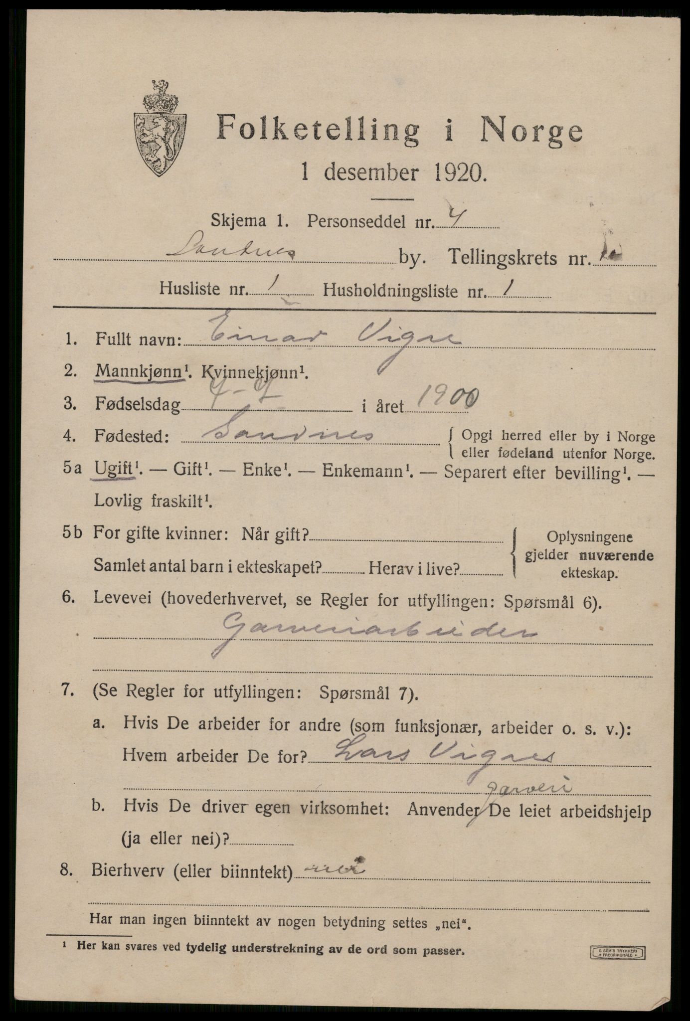 SAST, Folketelling 1920 for 1102 Sandnes ladested, 1920, s. 7232