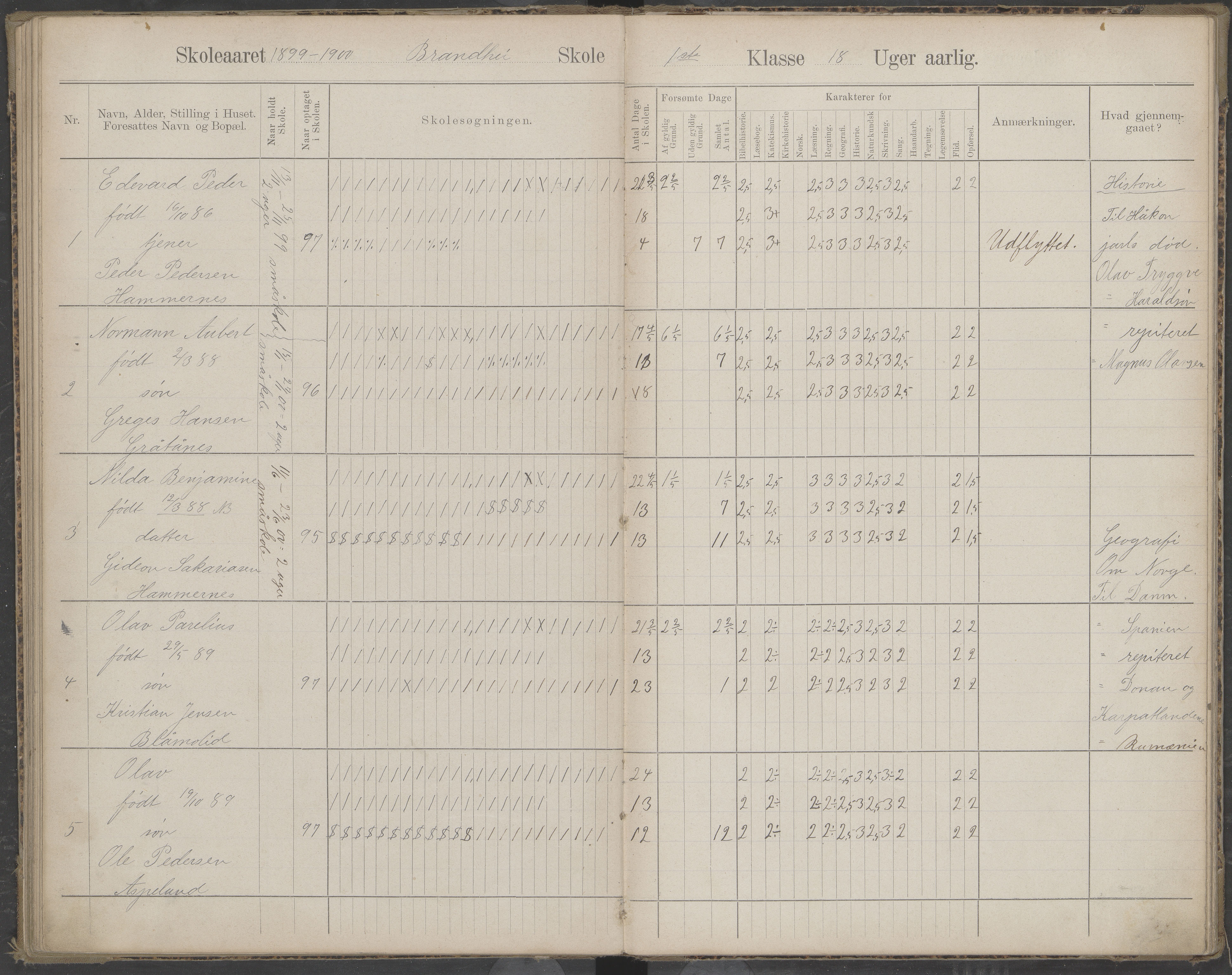 Beiarn kommune. Brandhei skolekrets, AIN/K-18390.510.03/442/L0003: Karakter/oversiktsprotokoll, 1893-1910