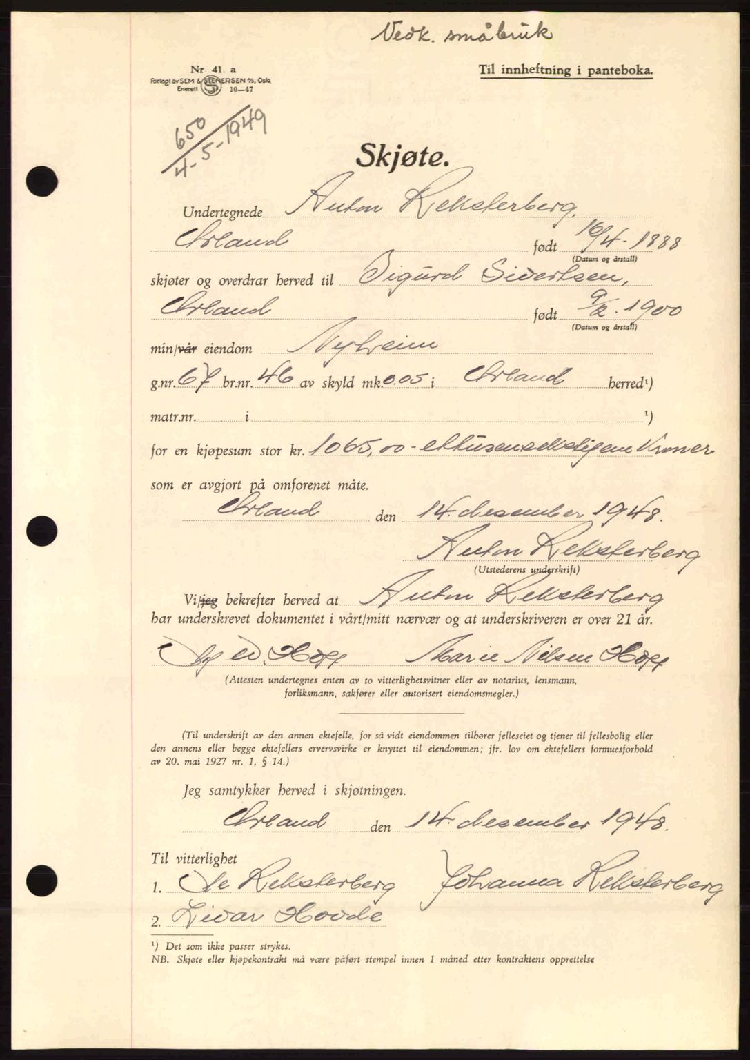 Fosen sorenskriveri, AV/SAT-A-1107/1/2/2C: Pantebok nr. A9, 1948-1949, Dagboknr: 650/1949