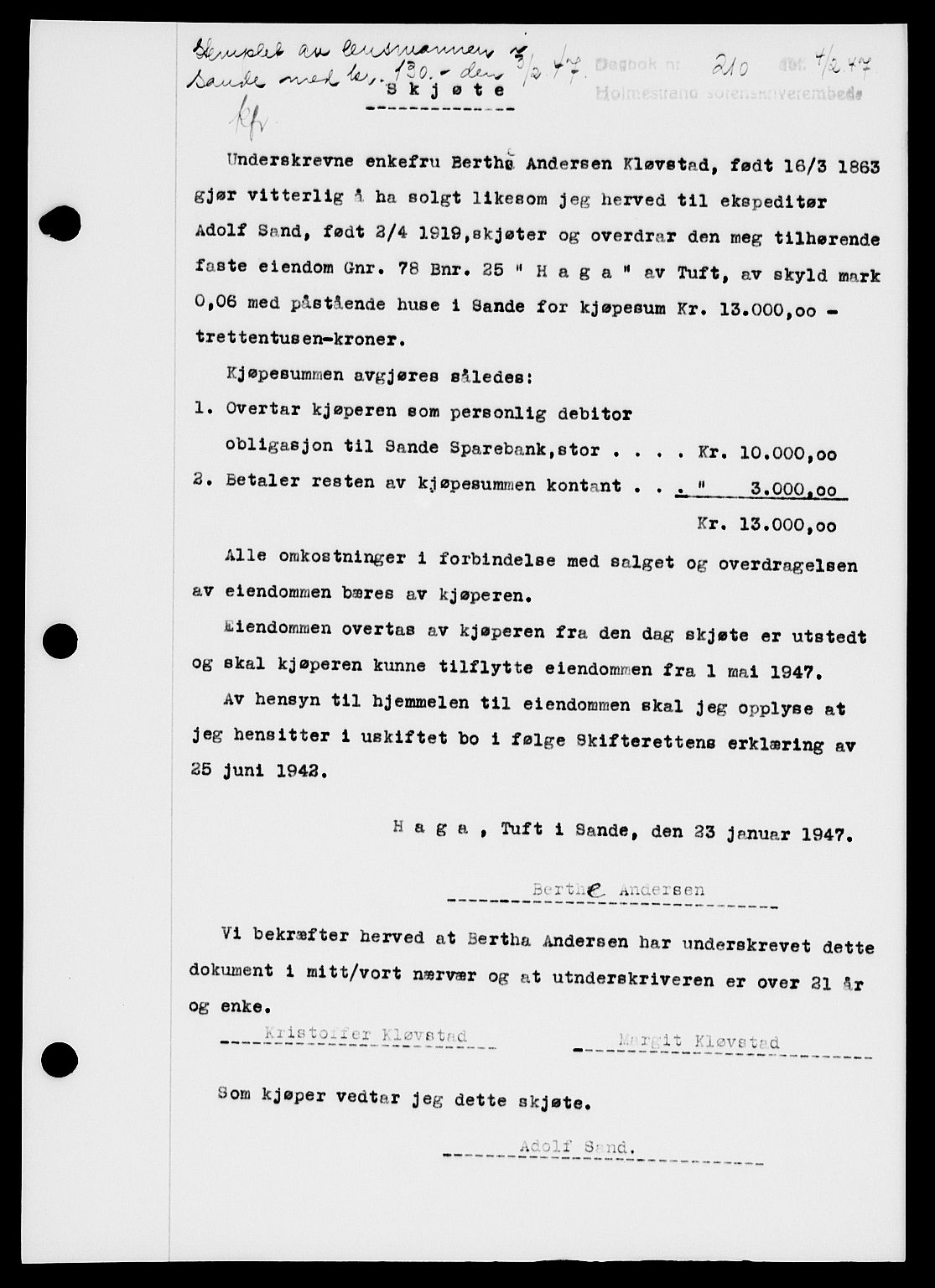 Holmestrand sorenskriveri, SAKO/A-67/G/Ga/Gaa/L0061: Pantebok nr. A-61, 1946-1947, Dagboknr: 210/1947