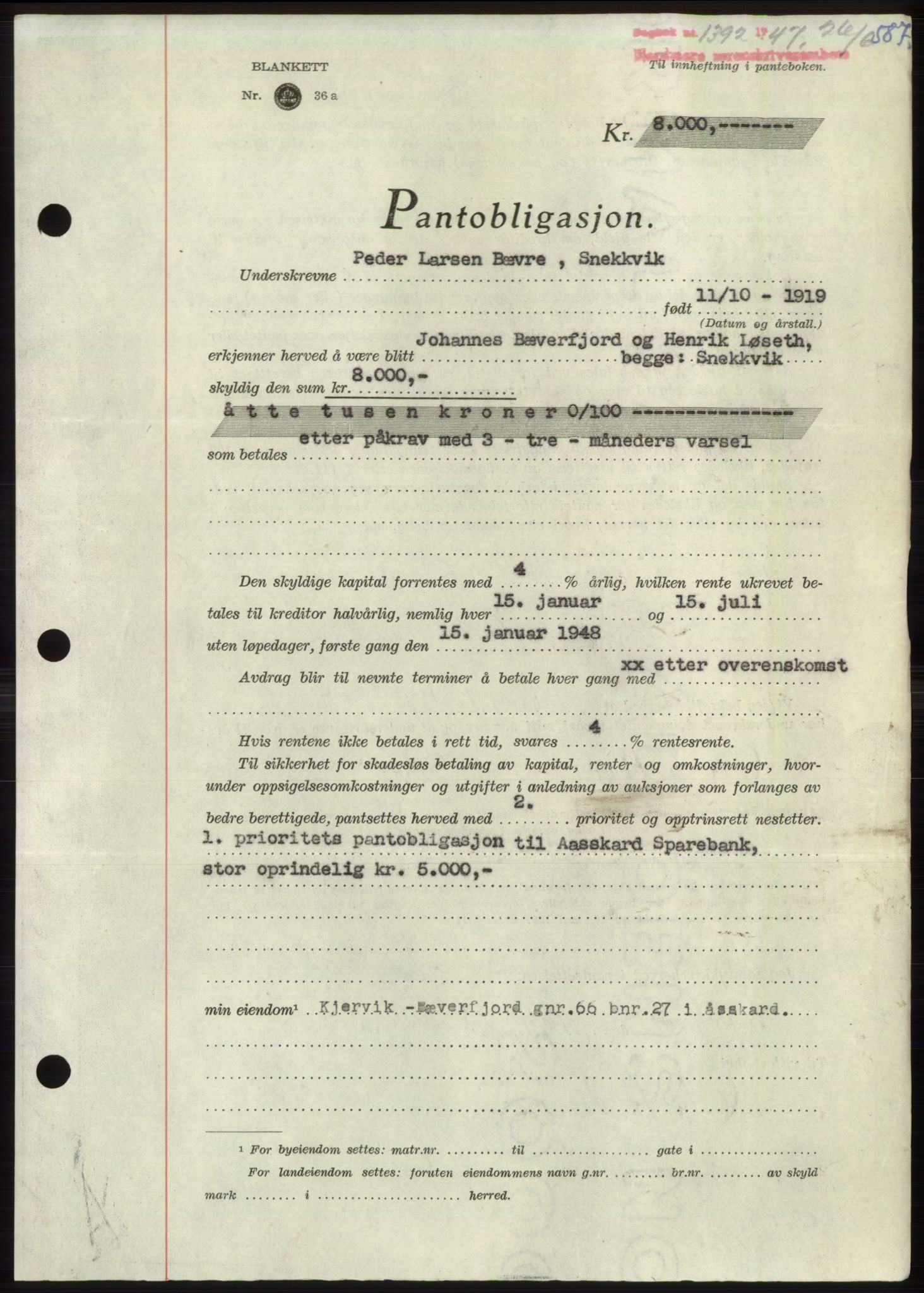 Nordmøre sorenskriveri, SAT/A-4132/1/2/2Ca: Pantebok nr. B96, 1947-1947, Dagboknr: 1392/1947