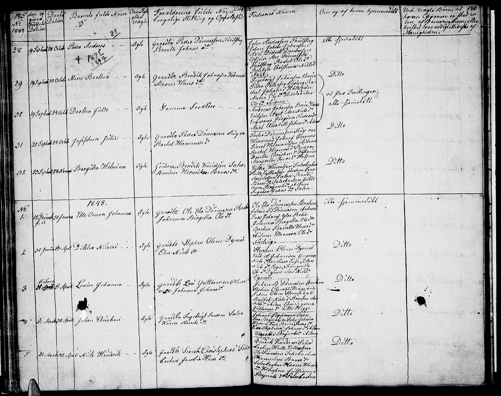 Ministerialprotokoller, klokkerbøker og fødselsregistre - Nordland, AV/SAT-A-1459/814/L0228: Klokkerbok nr. 814C01, 1838-1858, s. 185-186