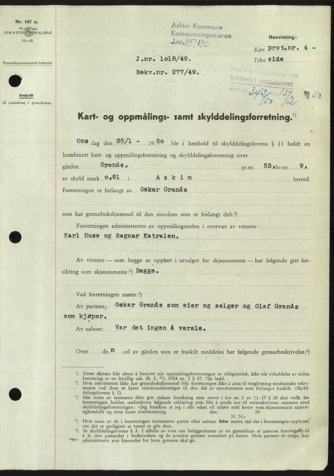 Rakkestad sorenskriveri, SAO/A-10686/G/Gb/Gba/Gbab/L0019: Pantebok nr. A19, 1949-1950, Dagboknr: 343/1950