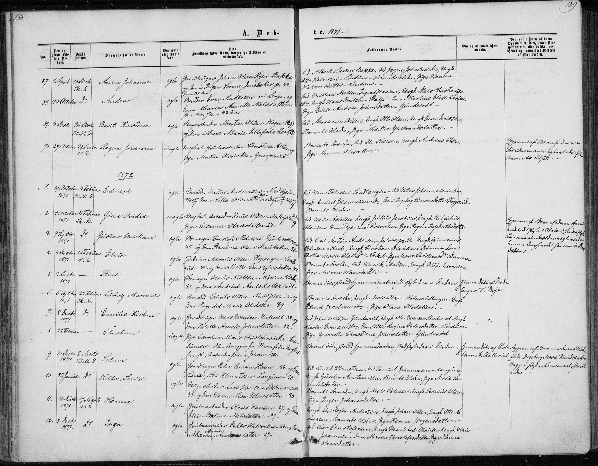 Skoger kirkebøker, AV/SAKO-A-59/F/Fa/L0004: Ministerialbok nr. I 4, 1862-1872, s. 188-189