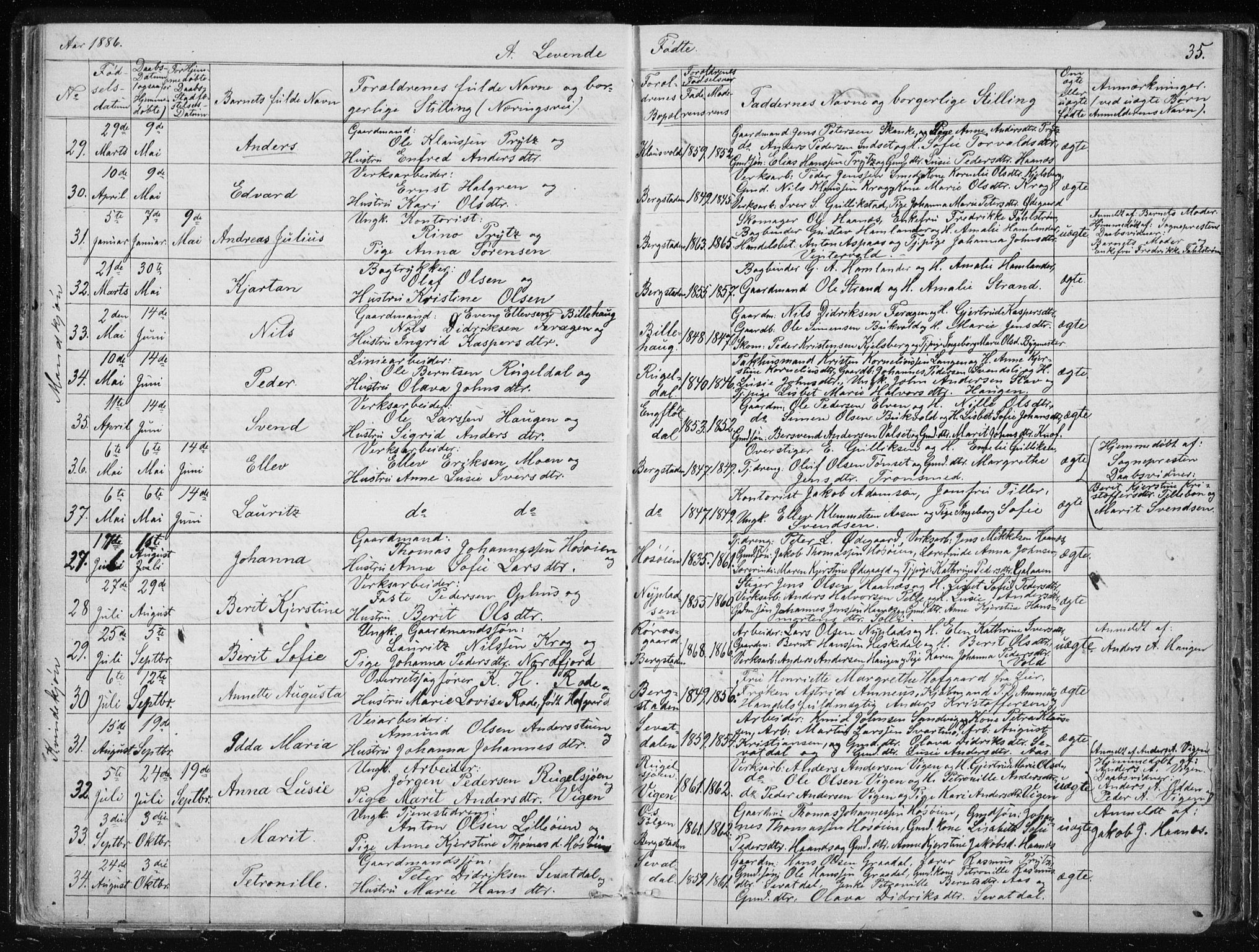 Ministerialprotokoller, klokkerbøker og fødselsregistre - Sør-Trøndelag, AV/SAT-A-1456/681/L0940: Klokkerbok nr. 681C04, 1880-1895, s. 35