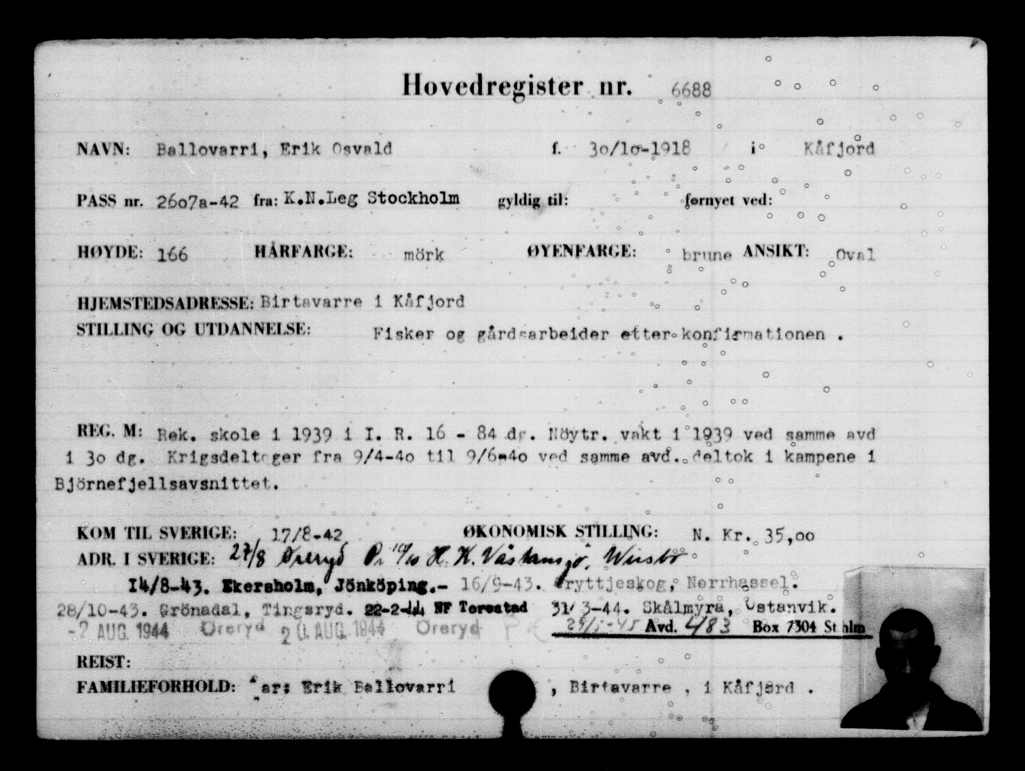 Utenriksstasjonene, Legasjonen i Stockholm, Flyktningkontoret, AV/RA-S-6753/V/Va/L0005: Kjesäterkartoteket, flyktning nr. 6600-9417, 1940-1945, s. 105
