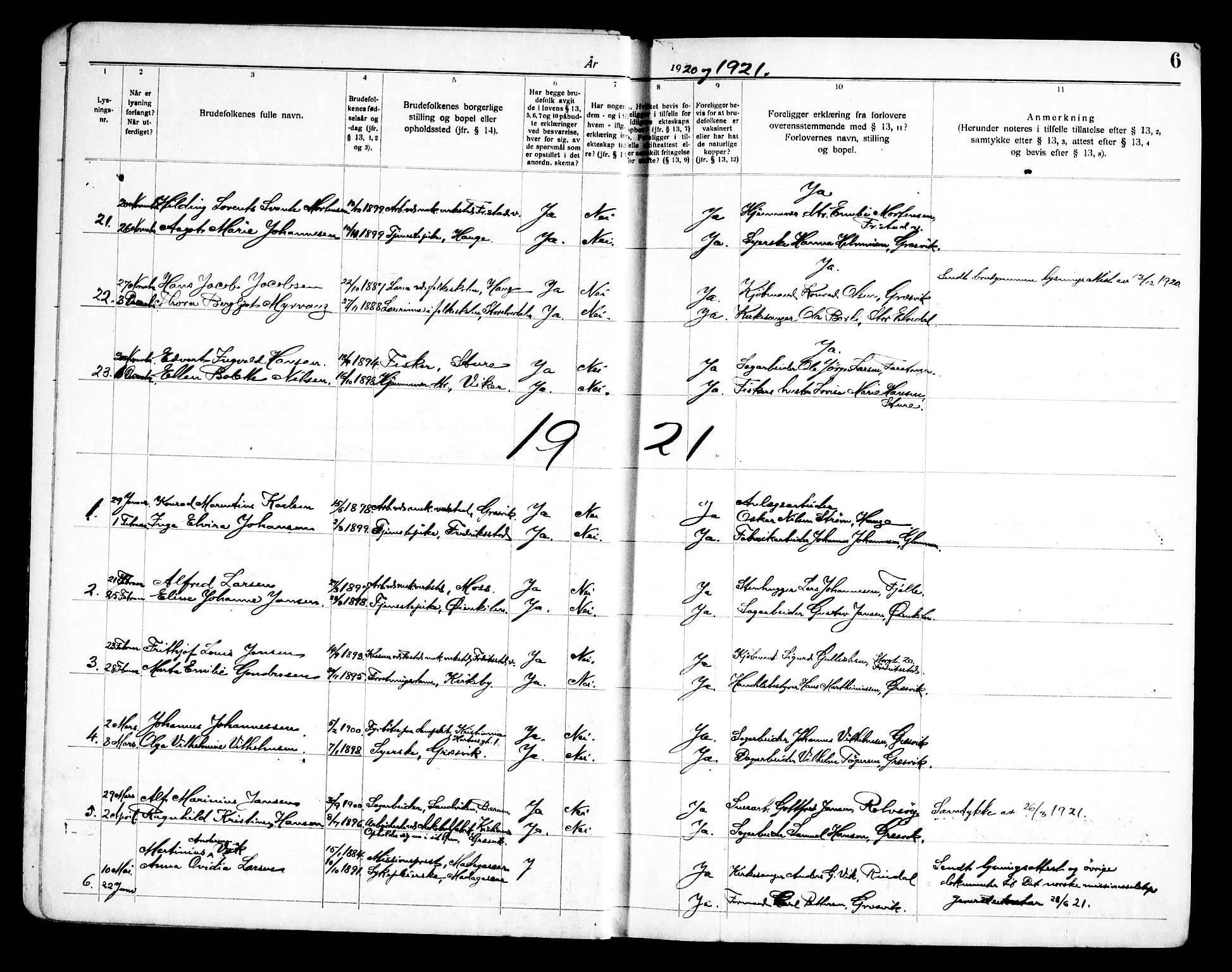 Onsøy prestekontor Kirkebøker, AV/SAO-A-10914/H/Hb/L0001: Lysningsprotokoll nr. II 1, 1919-1949, s. 6