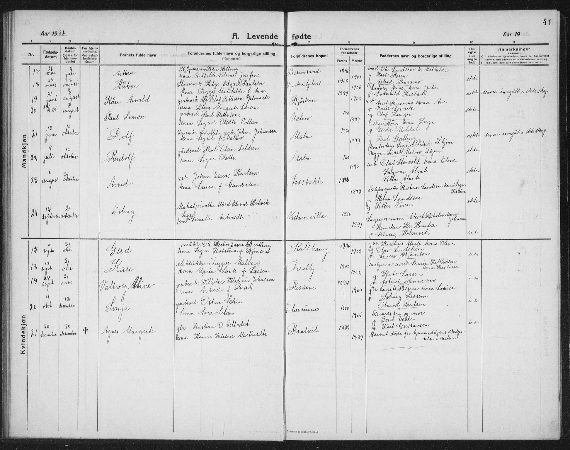 Ministerialprotokoller, klokkerbøker og fødselsregistre - Nord-Trøndelag, AV/SAT-A-1458/745/L0434: Klokkerbok nr. 745C03, 1914-1937, s. 41