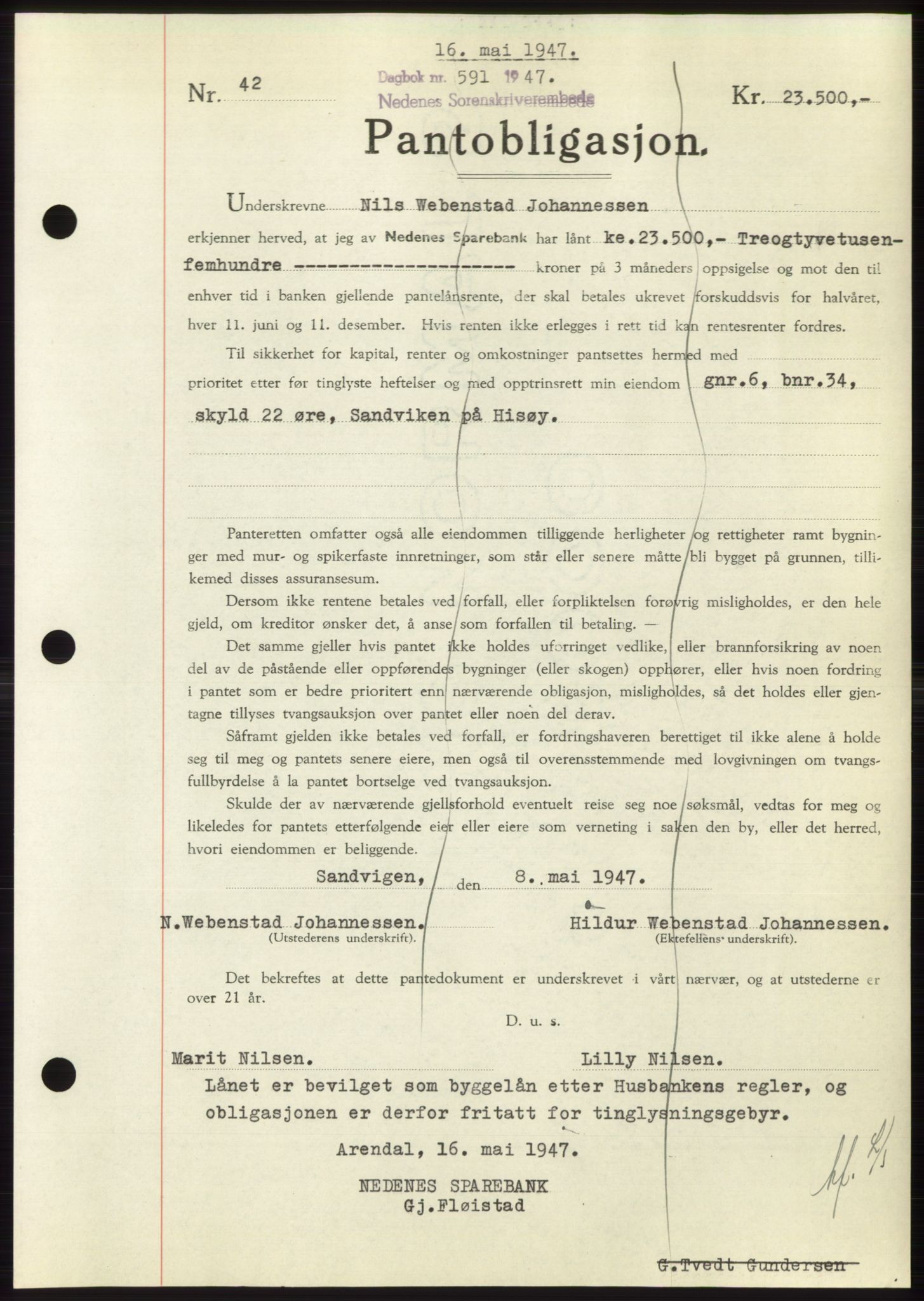 Nedenes sorenskriveri, AV/SAK-1221-0006/G/Gb/Gbb/L0004: Pantebok nr. B4, 1947-1947, Dagboknr: 591/1947