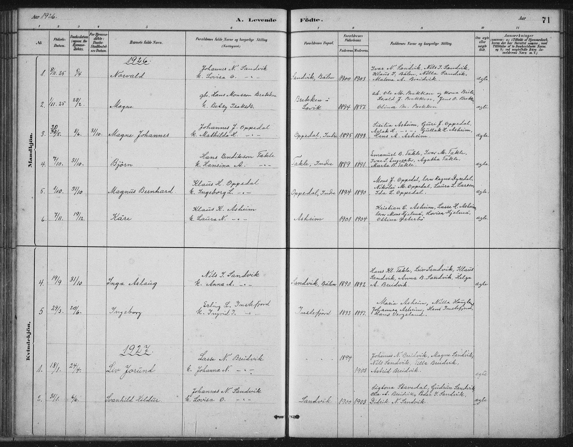 Gulen sokneprestembete, AV/SAB-A-80201/H/Hab/Habc/L0002: Klokkerbok nr. C 2, 1880-1938, s. 71