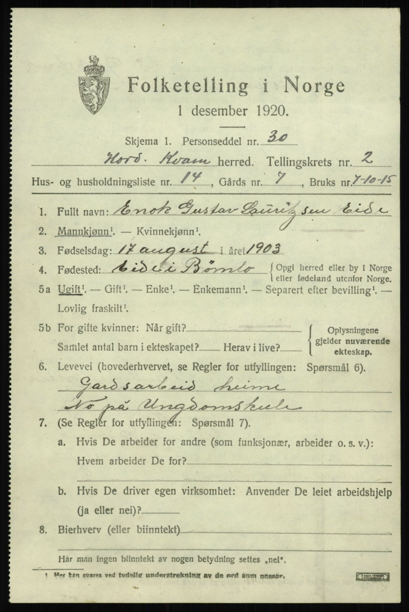 SAB, Folketelling 1920 for 1238 Kvam herred, 1920, s. 2029