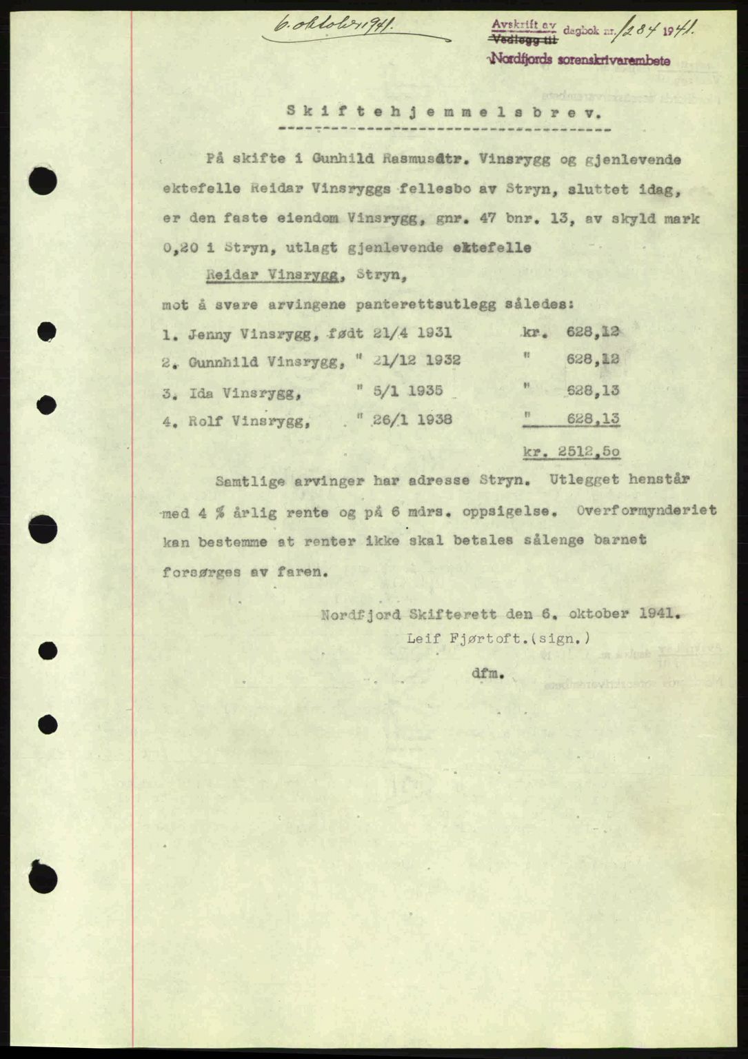 Nordfjord sorenskriveri, AV/SAB-A-2801/02/02b/02bj/L0006: Pantebok nr. A6, 1940-1941, Dagboknr: 1284/1941