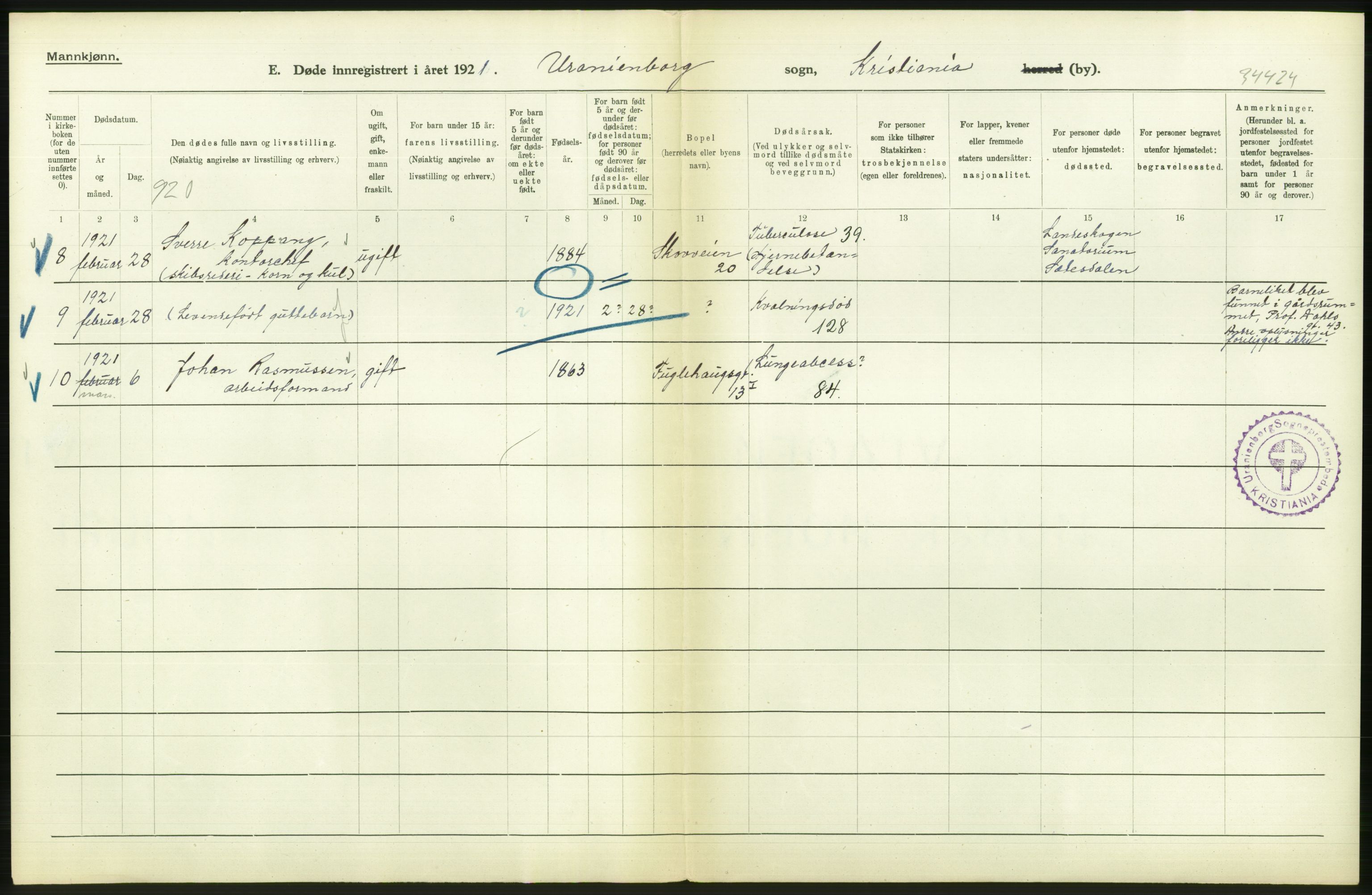 Statistisk sentralbyrå, Sosiodemografiske emner, Befolkning, AV/RA-S-2228/D/Df/Dfc/Dfca/L0012: Kristiania: Døde, 1921, s. 350