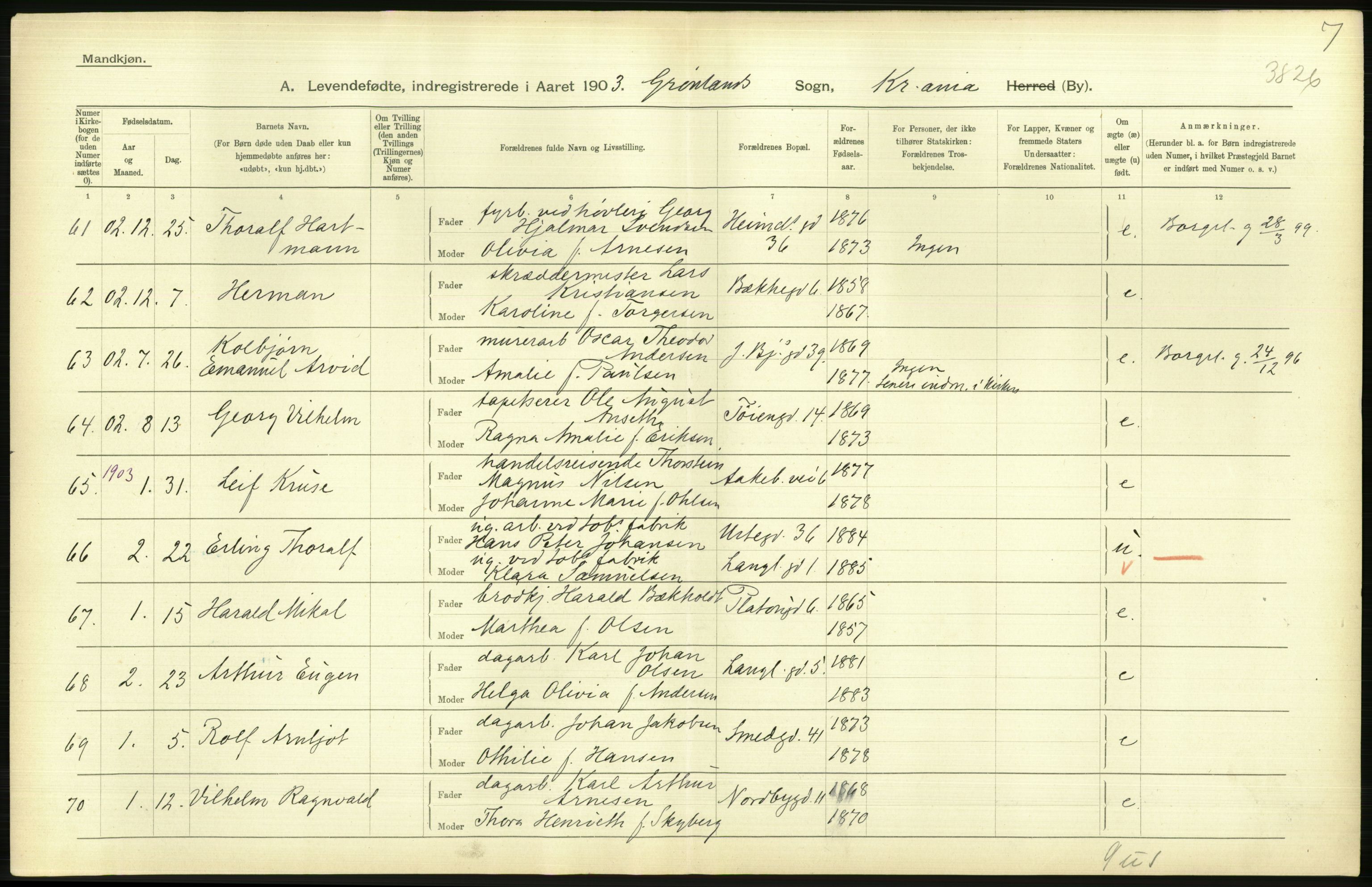 Statistisk sentralbyrå, Sosiodemografiske emner, Befolkning, AV/RA-S-2228/D/Df/Dfa/Dfaa/L0003: Kristiania: Fødte, 1903, s. 620