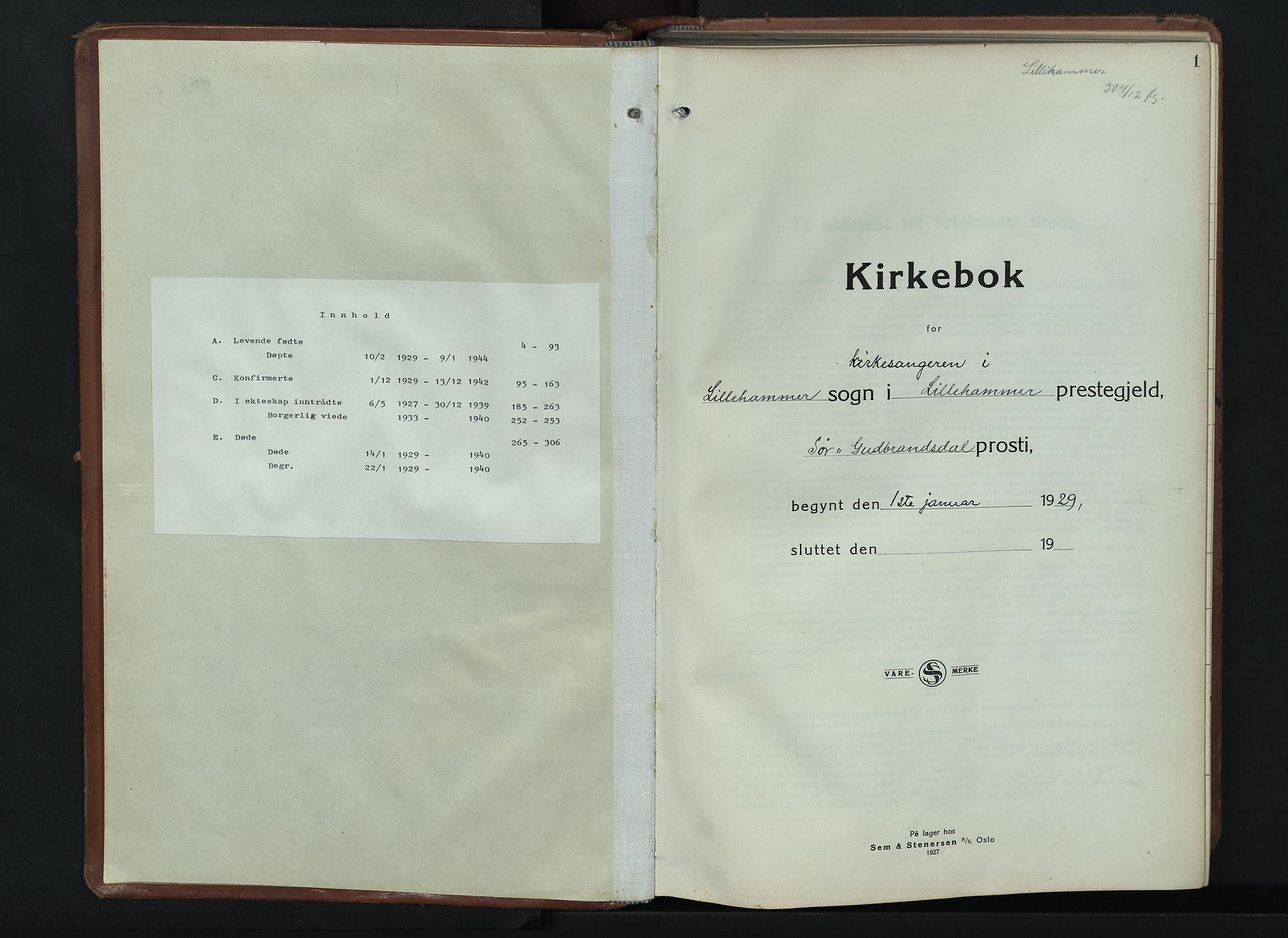 Lillehammer prestekontor, SAH/PREST-088/H/Ha/Hab/L0003: Klokkerbok nr. 3, 1927-1943, s. 1