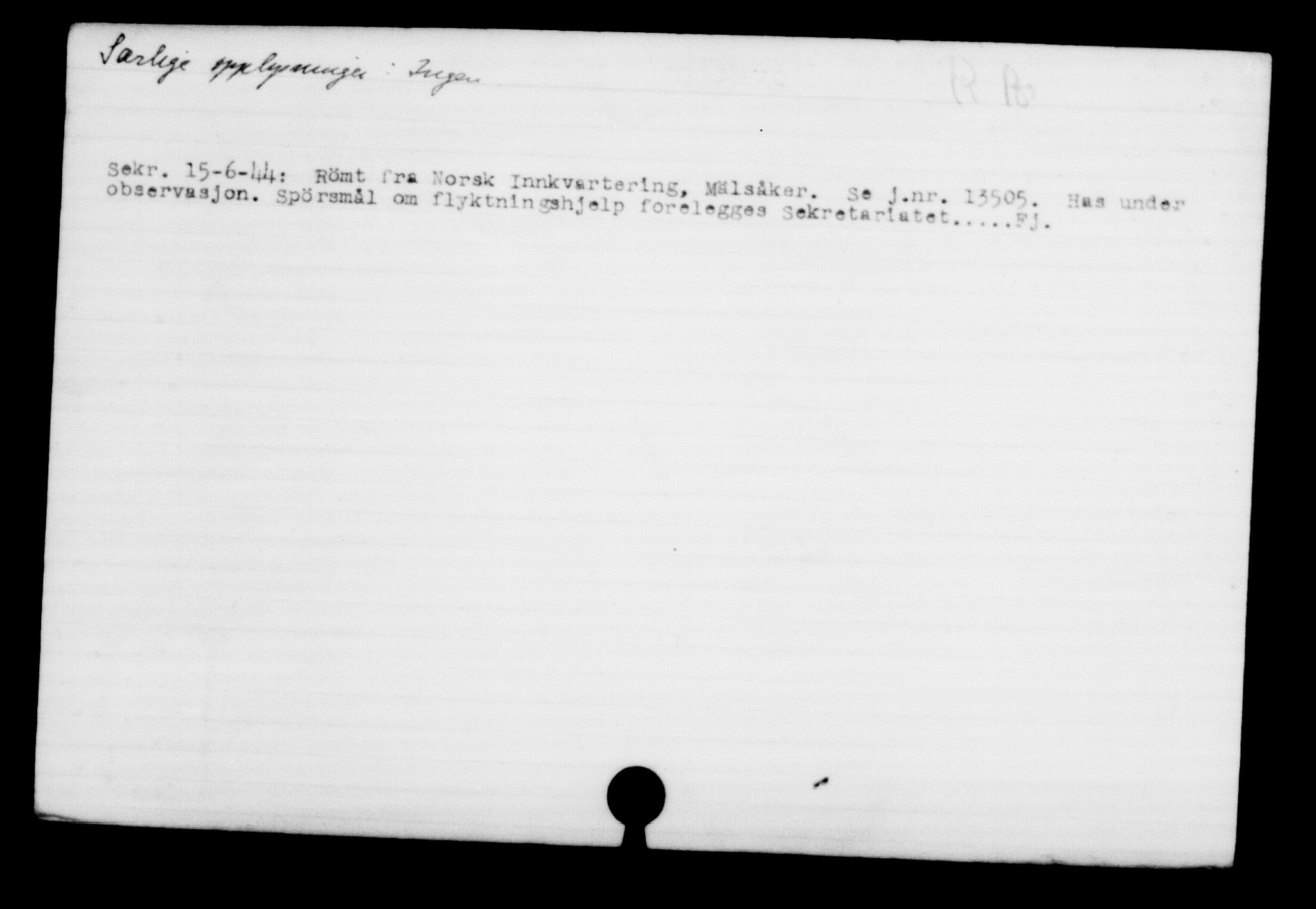 Utenriksstasjonene, Legasjonen i Stockholm, Flyktningkontoret, AV/RA-S-6753/V/Va/L0001: Kjesäterkartoteket, flyktninger med registreringsnr. 1-1000, 1940-1945, s. 1291
