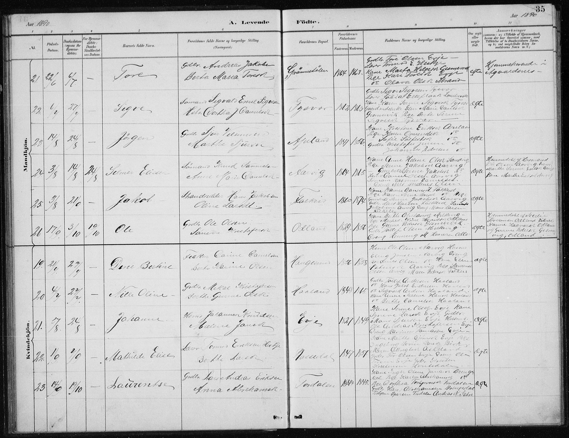 Tysvær sokneprestkontor, AV/SAST-A -101864/H/Ha/Hab/L0004: Klokkerbok nr. B 4, 1883-1896, s. 35