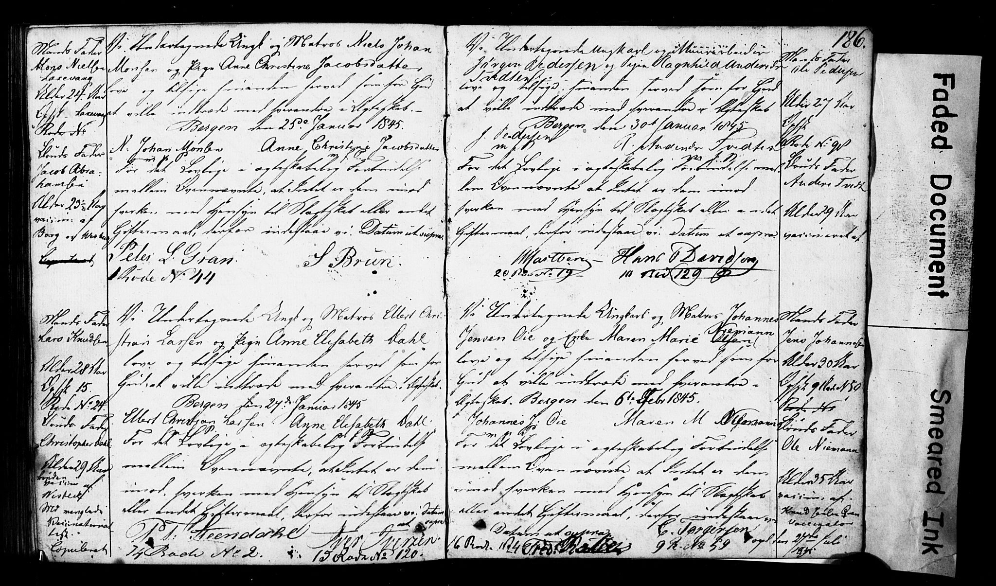 Domkirken sokneprestembete, SAB/A-74801: Forlovererklæringer nr. II.5.3, 1832-1845, s. 186