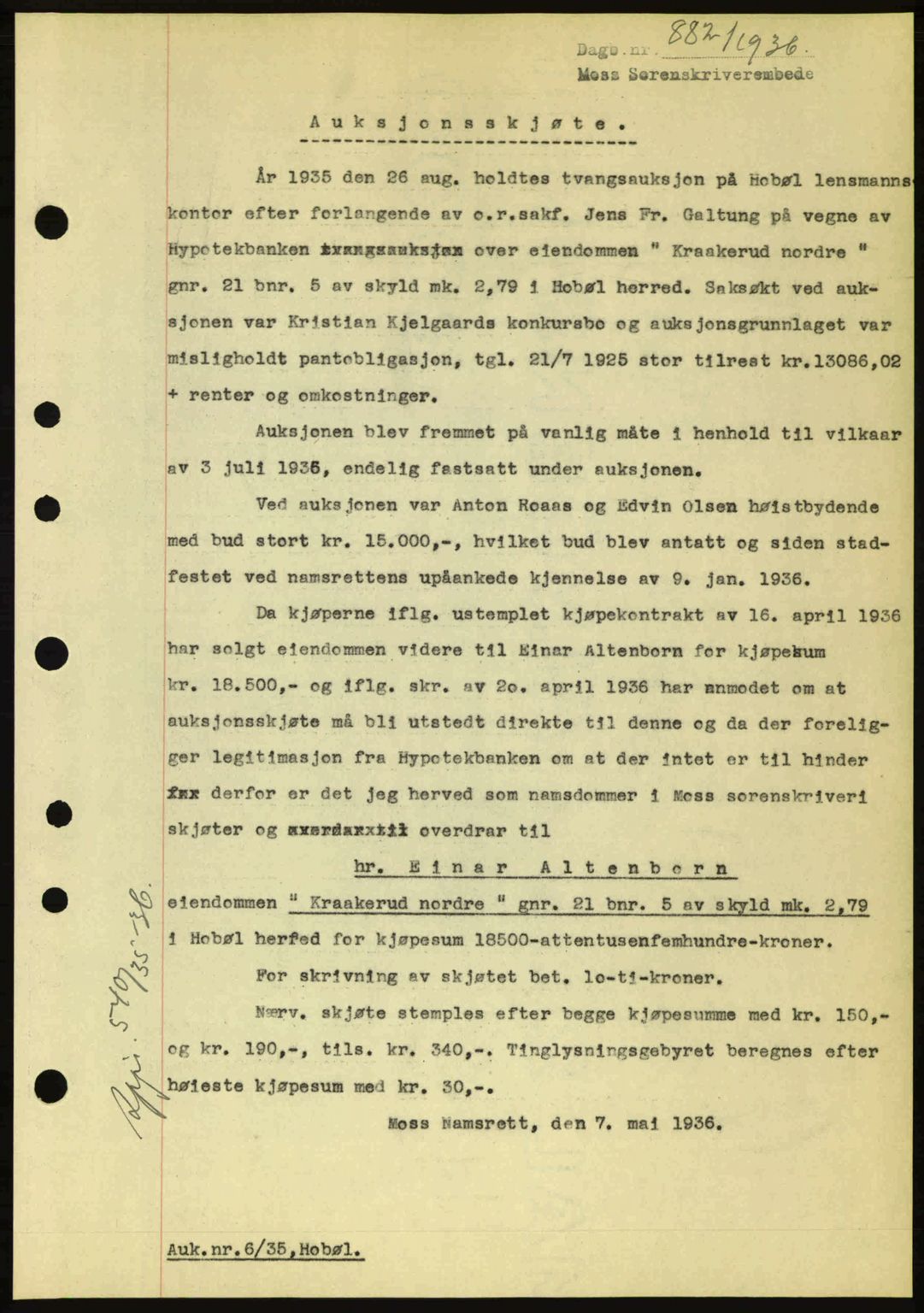 Moss sorenskriveri, SAO/A-10168: Pantebok nr. A1, 1936-1936, Dagboknr: 882/1936