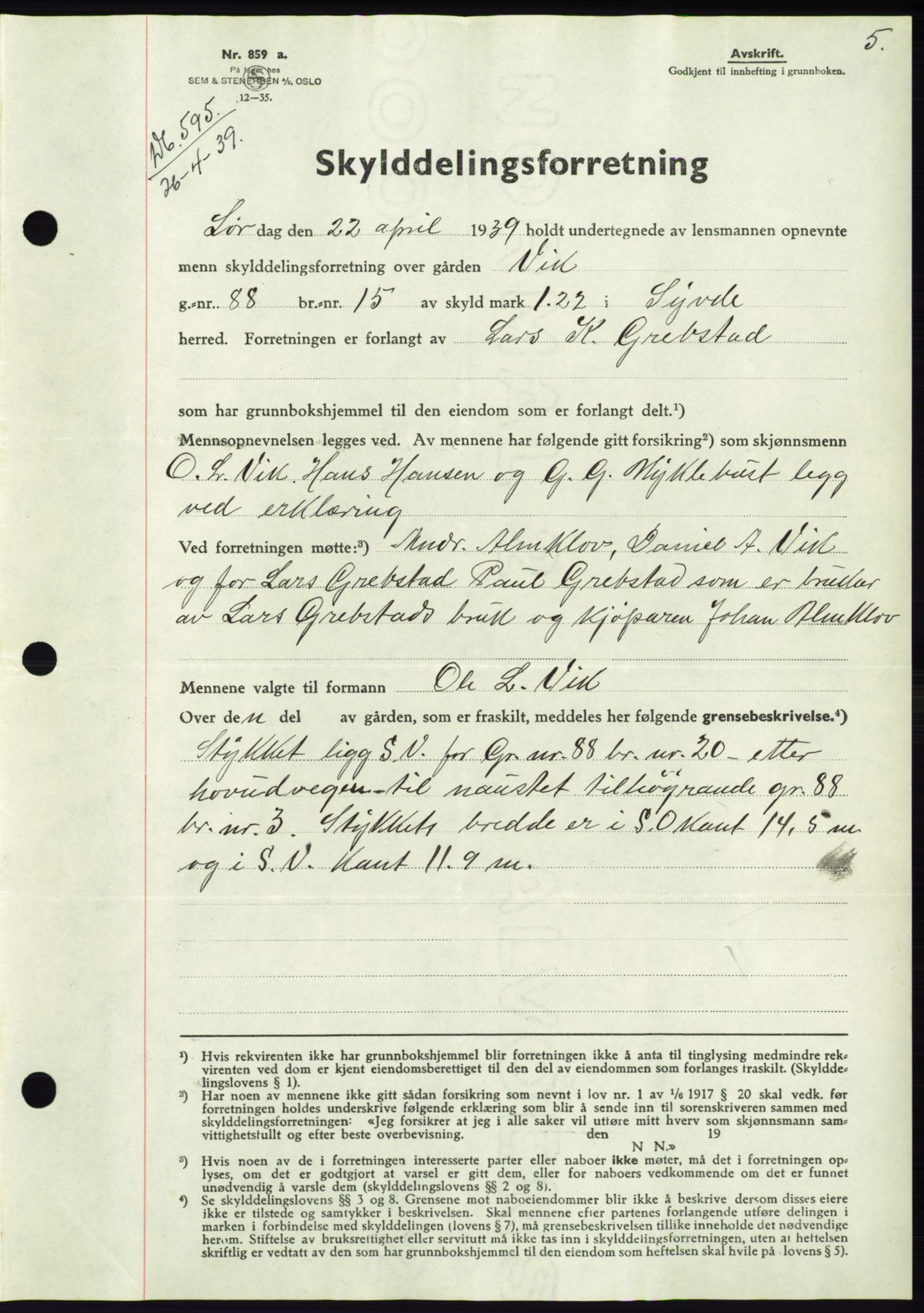 Søre Sunnmøre sorenskriveri, AV/SAT-A-4122/1/2/2C/L0068: Pantebok nr. 62, 1939-1939, Dagboknr: 595/1939