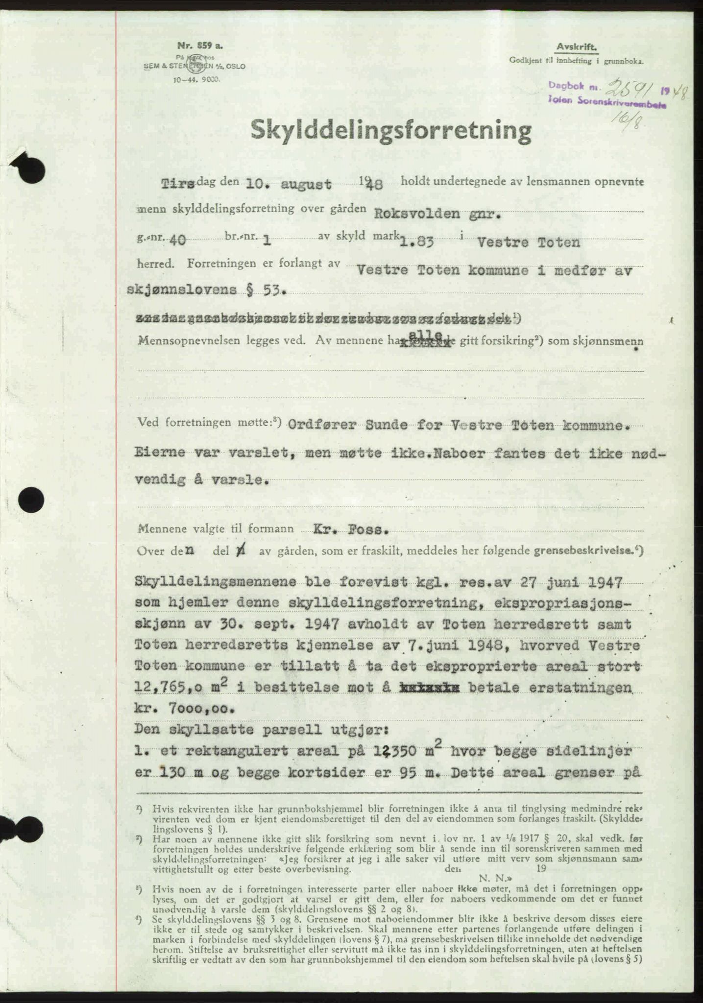 Toten tingrett, SAH/TING-006/H/Hb/Hbc/L0020: Pantebok nr. Hbc-20, 1948-1948, Dagboknr: 2591/1948