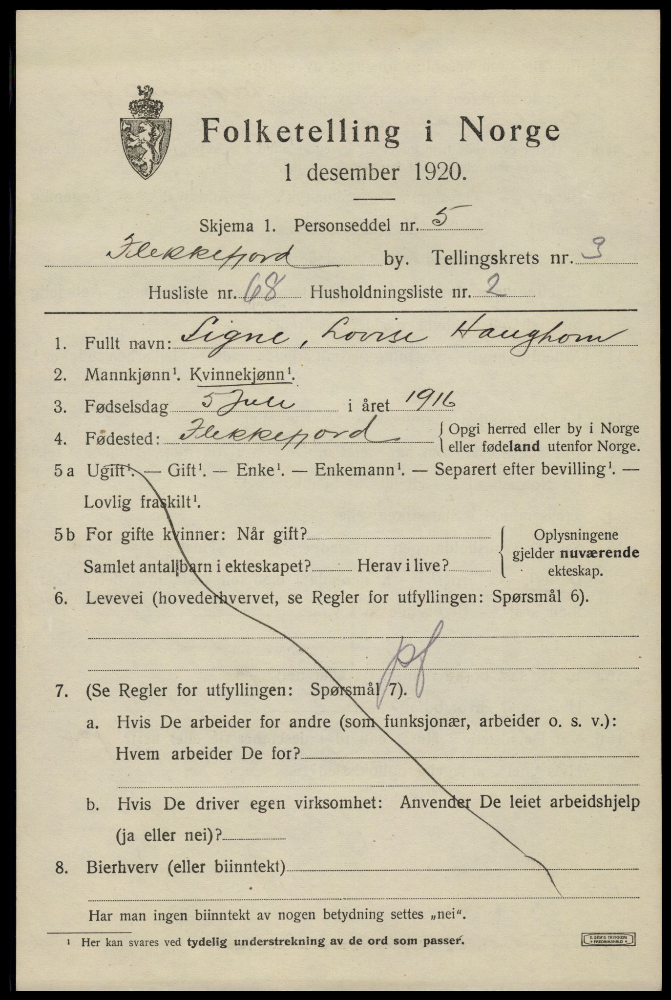 SAK, Folketelling 1920 for 1004 Flekkefjord kjøpstad, 1920, s. 4312
