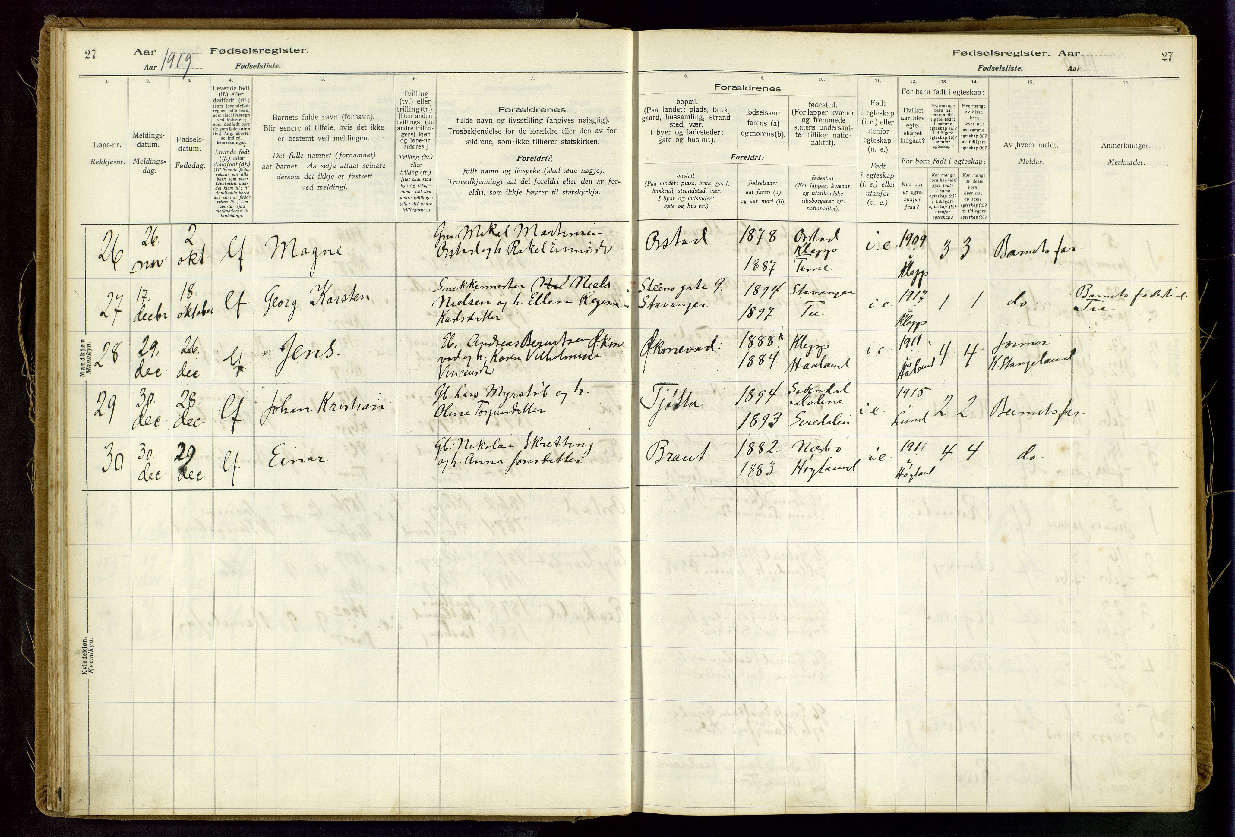 Klepp sokneprestkontor, AV/SAST-A-101803/001/704BAA/L0001: Fødselsregister nr. 1, 1916-1948, s. 27