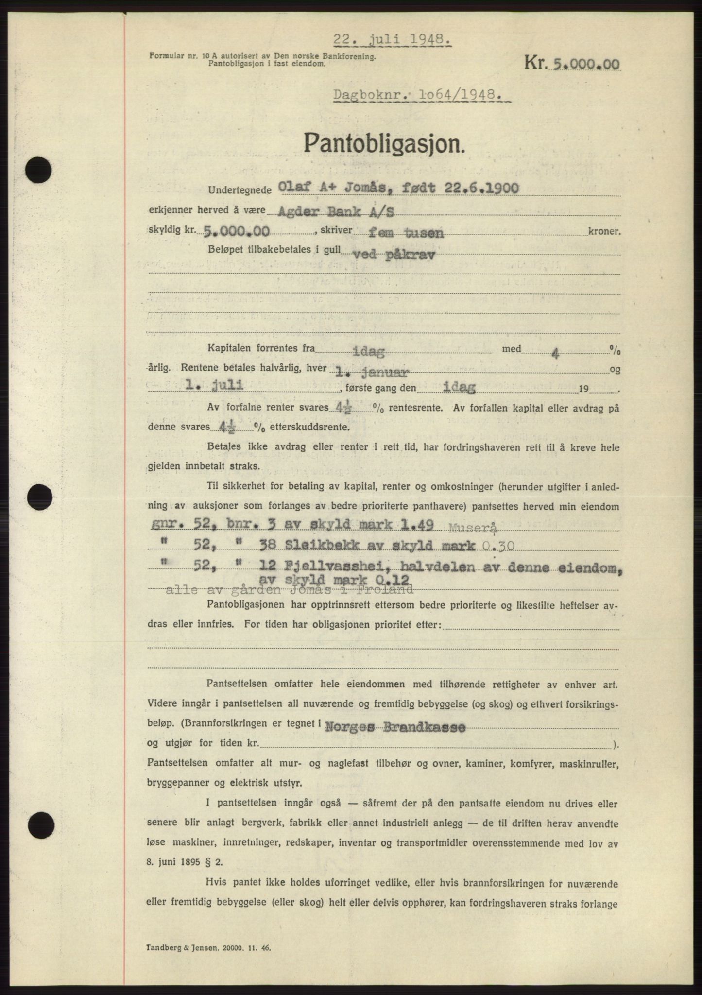 Nedenes sorenskriveri, AV/SAK-1221-0006/G/Gb/Gbb/L0005: Pantebok nr. B5, 1948-1948, Dagboknr: 1064/1948