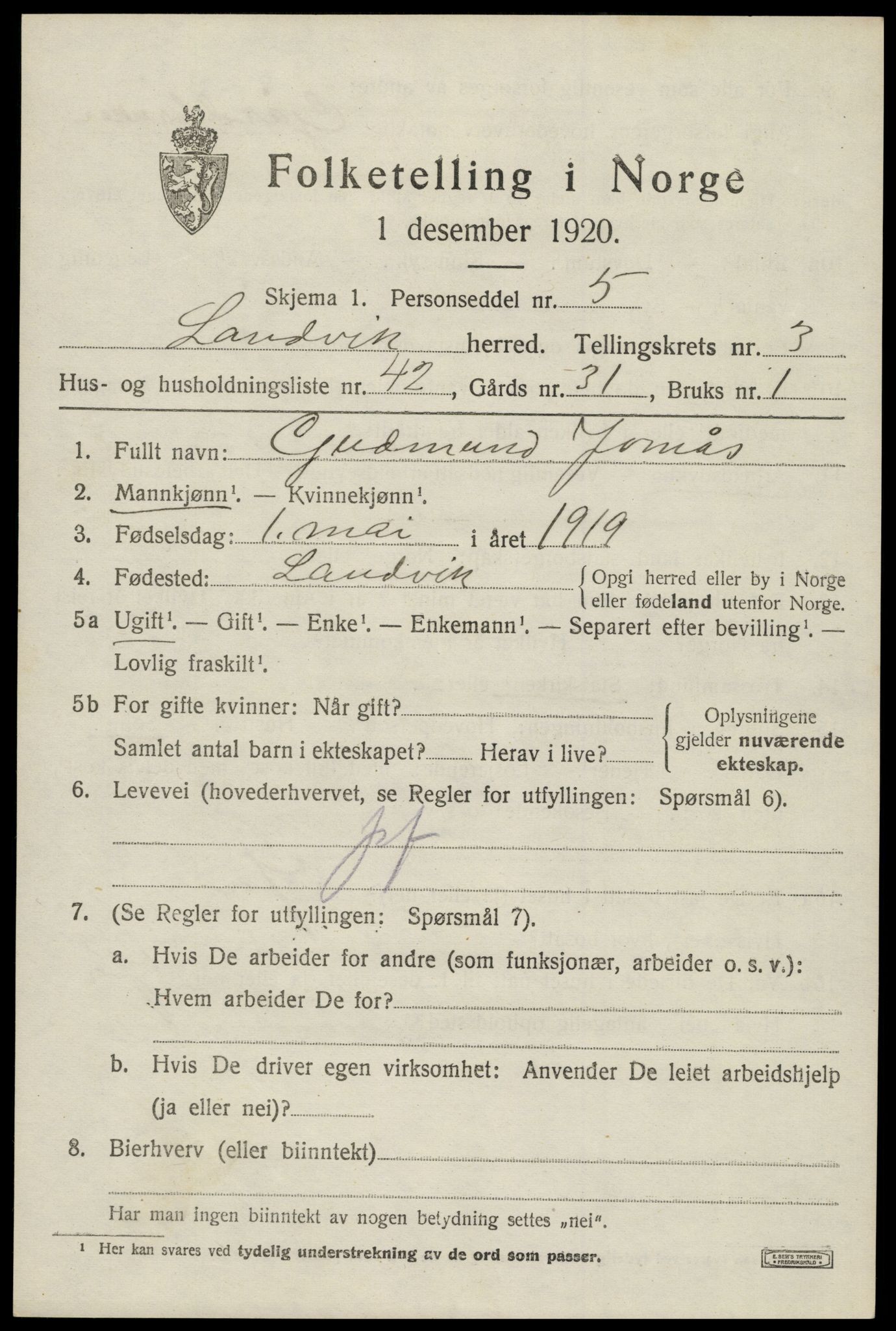 SAK, Folketelling 1920 for 0924 Landvik herred, 1920, s. 3314