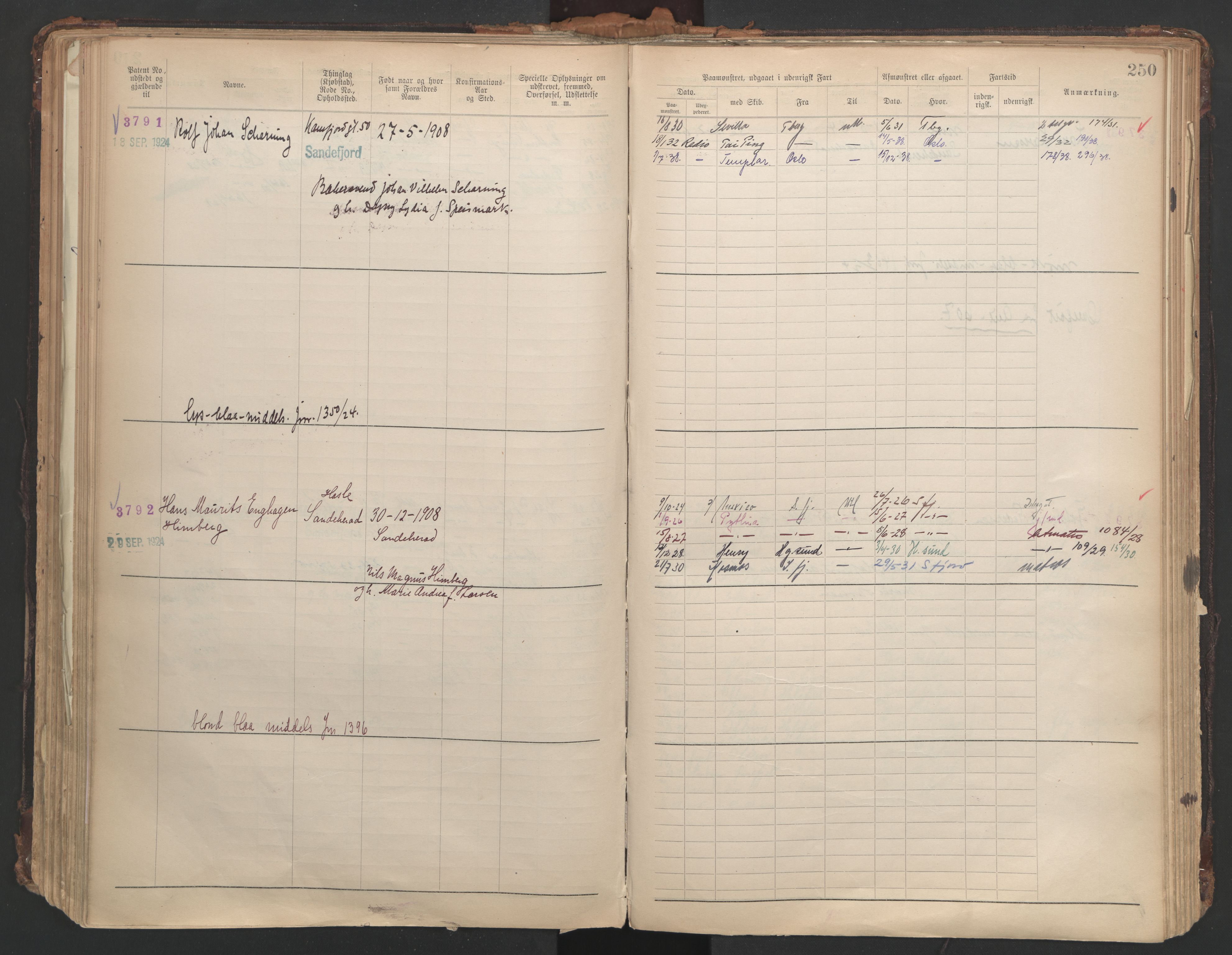 Sandefjord innrulleringskontor, AV/SAKO-A-788/F/Fb/L0010: Hovedrulle, 1921, s. 250