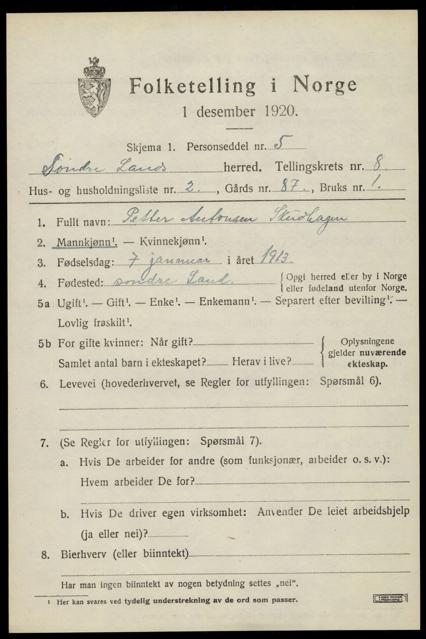 SAH, Folketelling 1920 for 0536 Søndre Land herred, 1920, s. 7611
