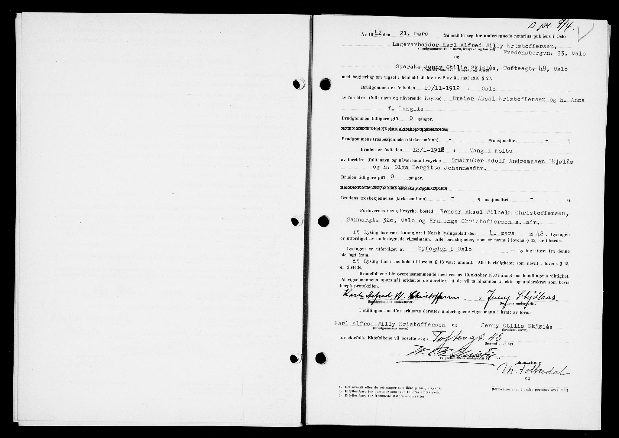 Oslo byfogd avd. I, AV/SAO-A-10220/L/Lb/Lbb/L0039: Notarialprotokoll, rekke II: Vigsler, 1942