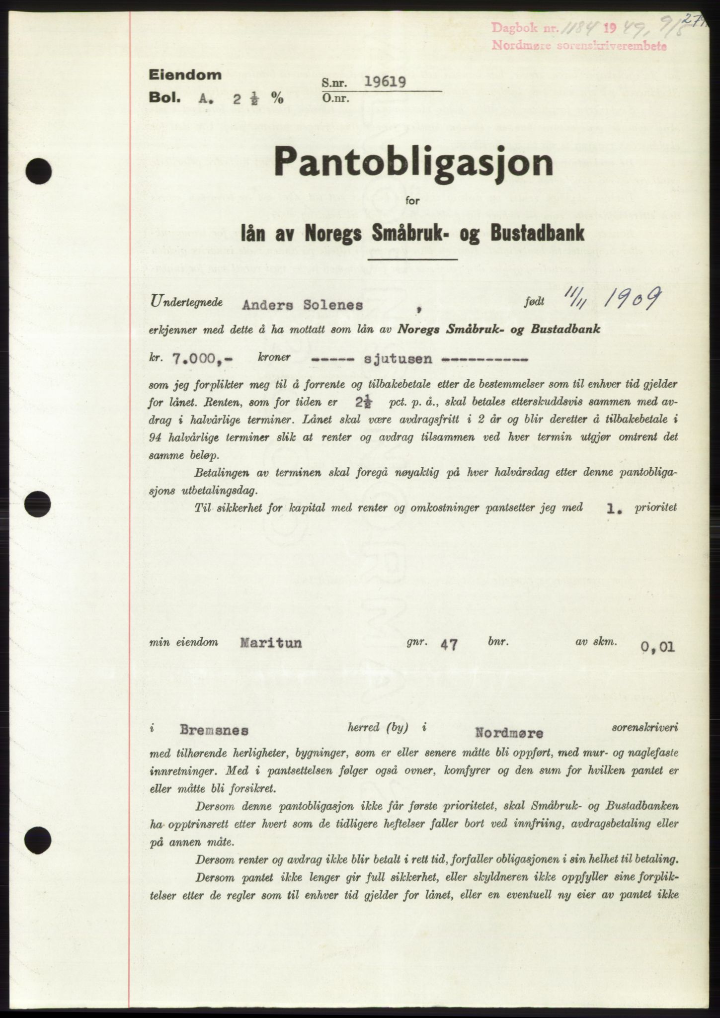 Nordmøre sorenskriveri, SAT/A-4132/1/2/2Ca: Pantebok nr. B101, 1949-1949, Dagboknr: 1184/1949