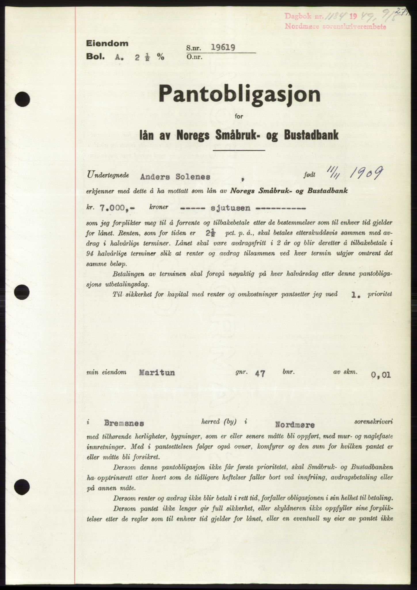 Nordmøre sorenskriveri, AV/SAT-A-4132/1/2/2Ca: Pantebok nr. B101, 1949-1949, Dagboknr: 1184/1949