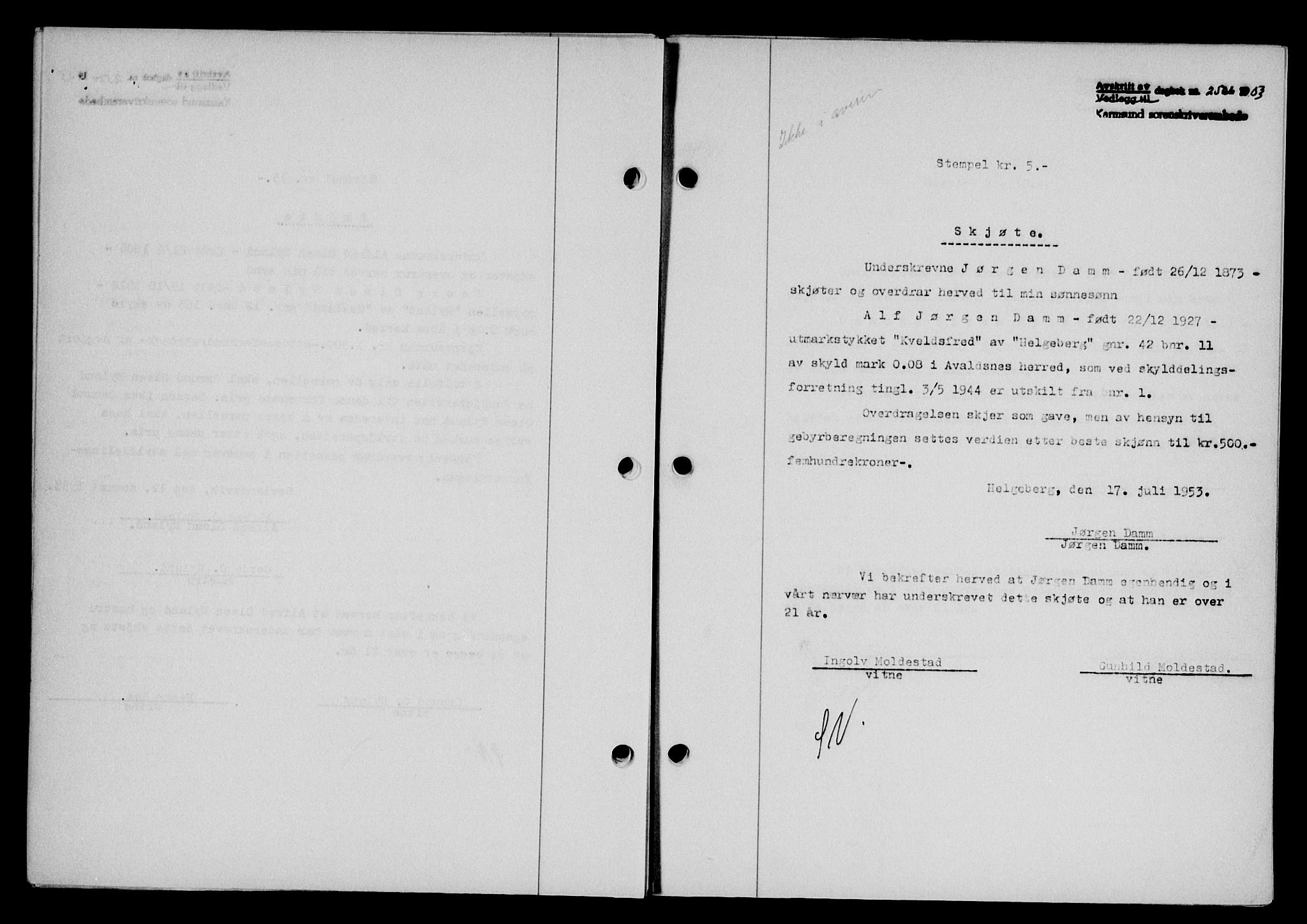Karmsund sorenskriveri, SAST/A-100311/01/II/IIB/L0109: Pantebok nr. 89A, 1953-1953, Dagboknr: 2506/1953