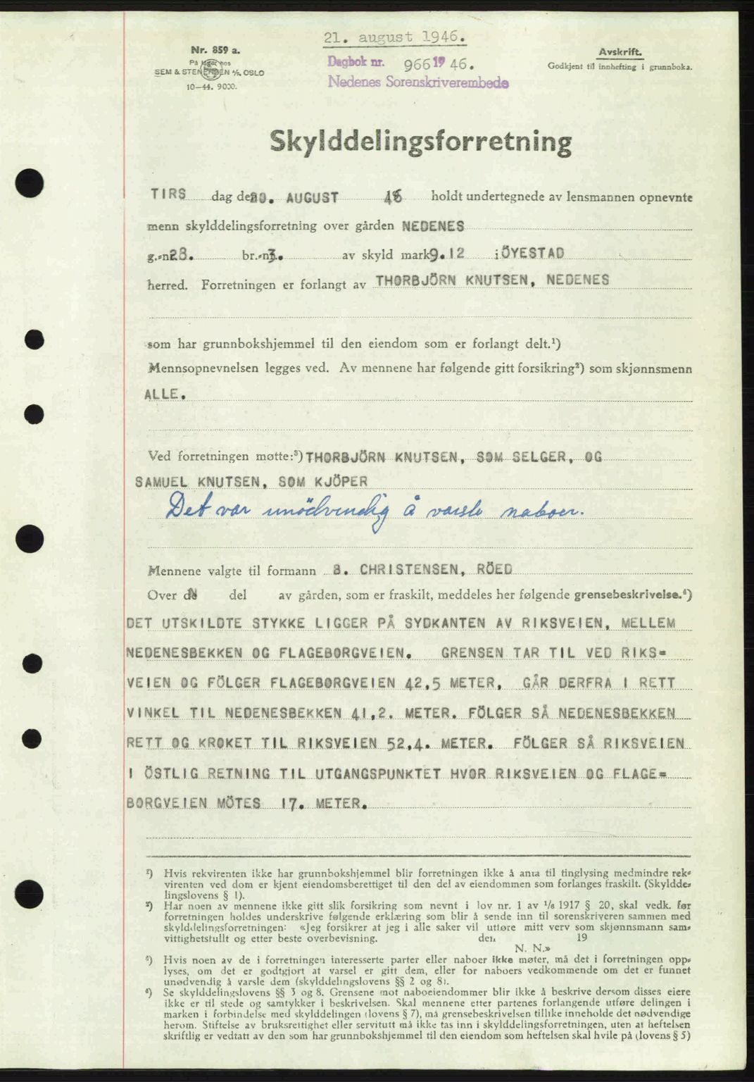 Nedenes sorenskriveri, AV/SAK-1221-0006/G/Gb/Gba/L0055: Pantebok nr. A7, 1946-1946, Dagboknr: 966/1946