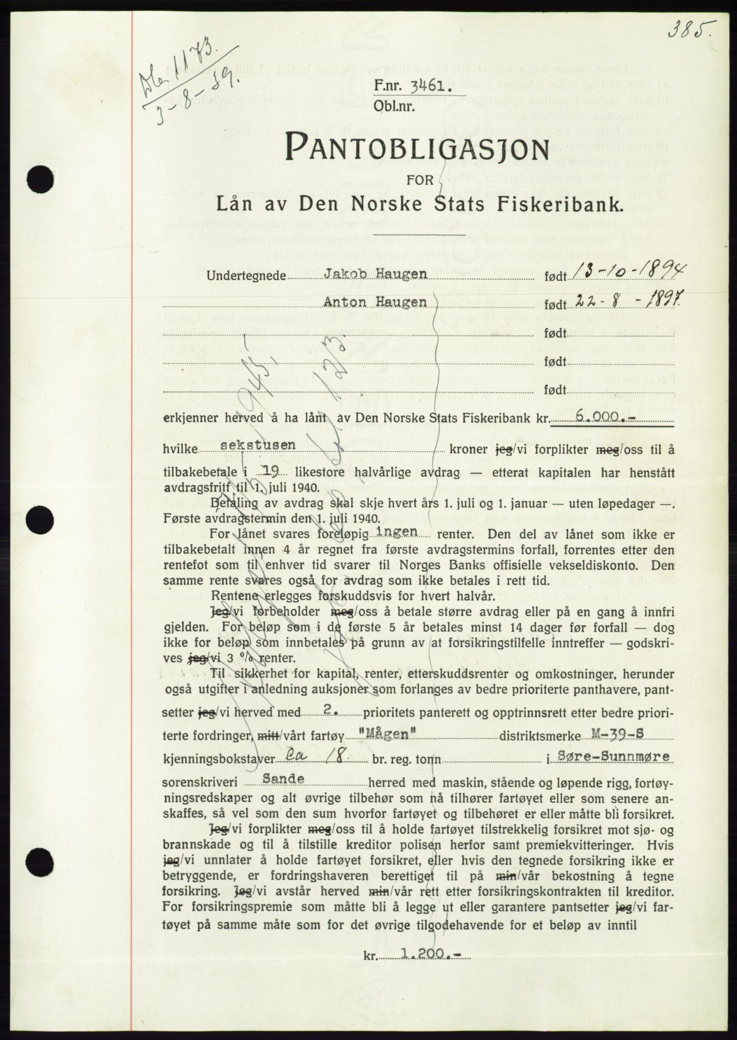 Søre Sunnmøre sorenskriveri, AV/SAT-A-4122/1/2/2C/L0068: Pantebok nr. 62, 1939-1939, Dagboknr: 1173/1939