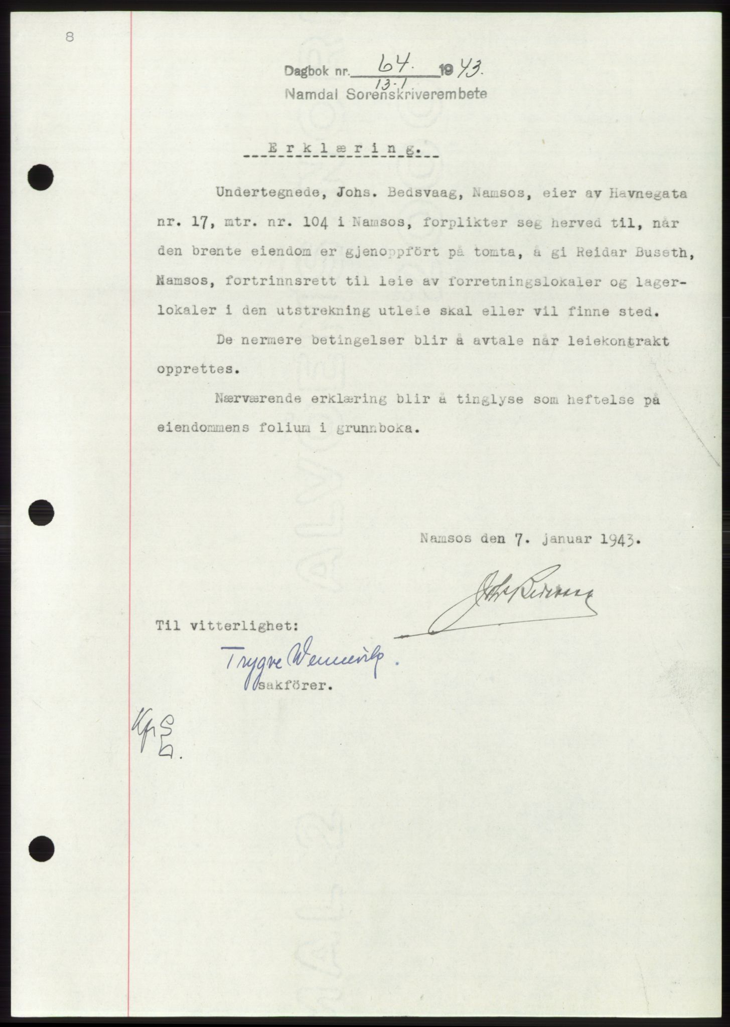 Namdal sorenskriveri, SAT/A-4133/1/2/2C: Pantebok nr. -, 1942-1943, Dagboknr: 64/1943